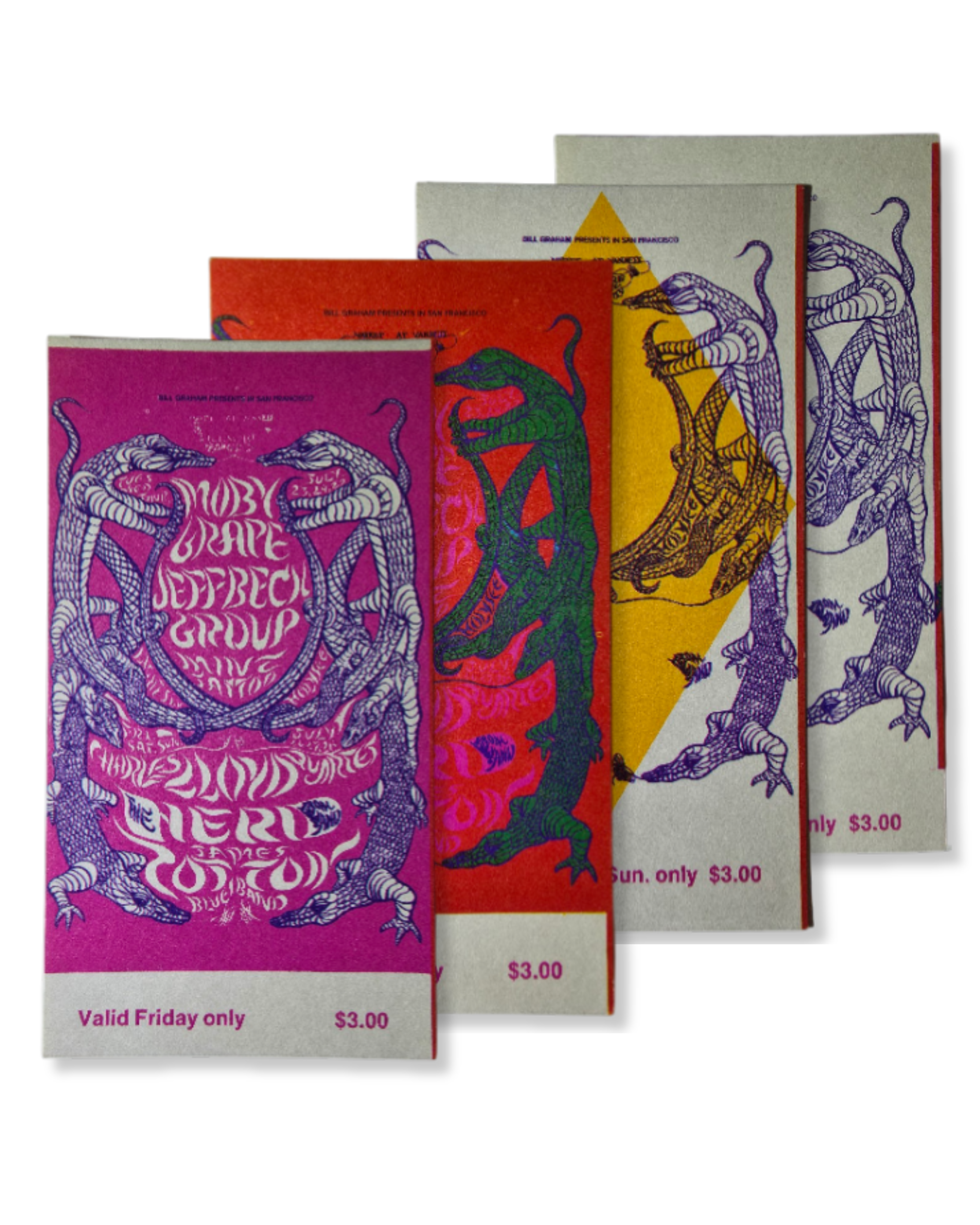 Vintage Ticket Bundle - 4 Night Run - Moby Grape, Jeff Beck Group, Charles Lloyd Quartet, James Cotton Blues Band West by Lee Conklin - July 23-27, 1968 - The Fillmore