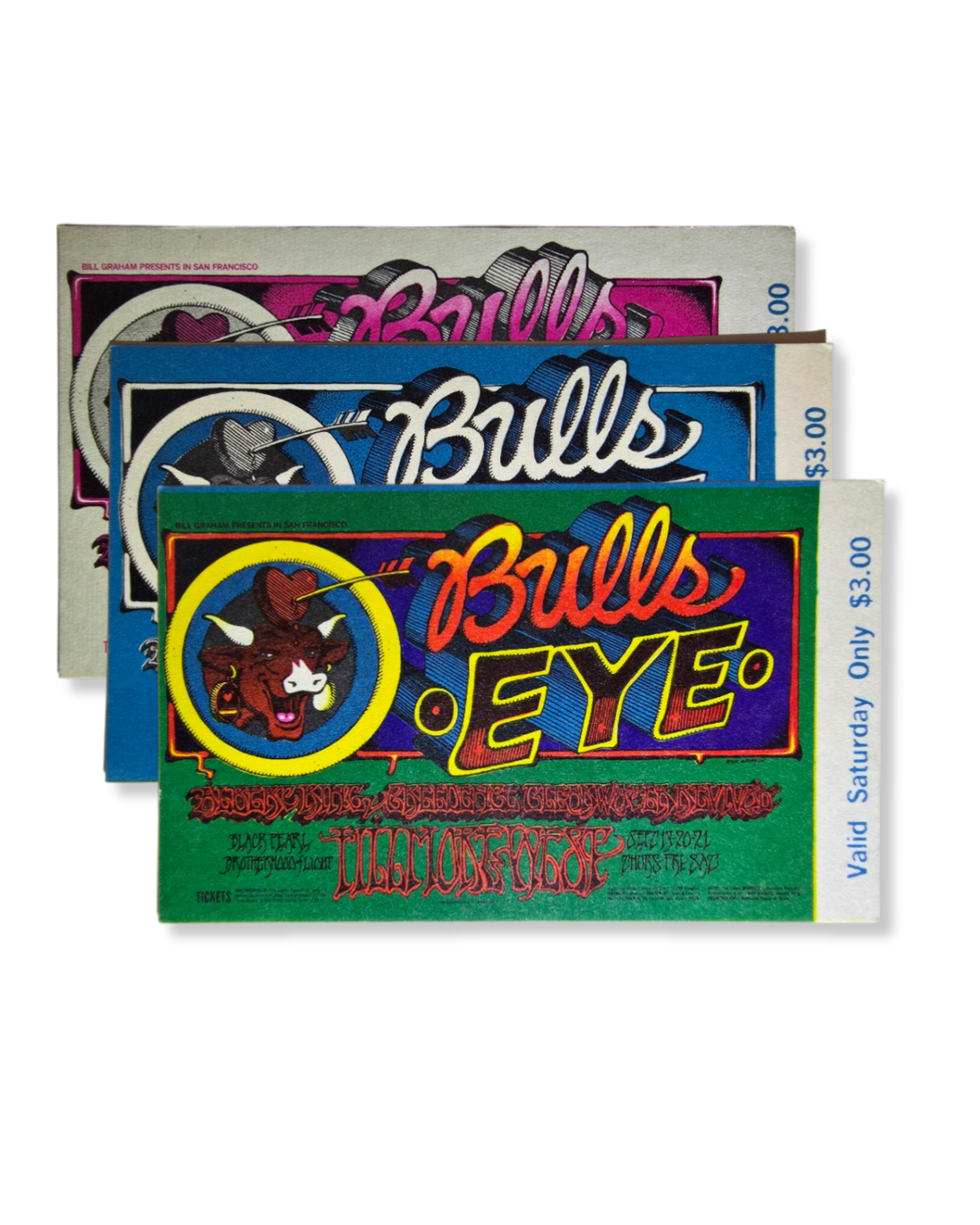 Vintage Ticket Bundle - 3 Night Run - Bullseye - Albert King, Creedence Clearwater Revival, Black Pearl West by Rick Griffin - September 19-21, 1968 - The Fillmore