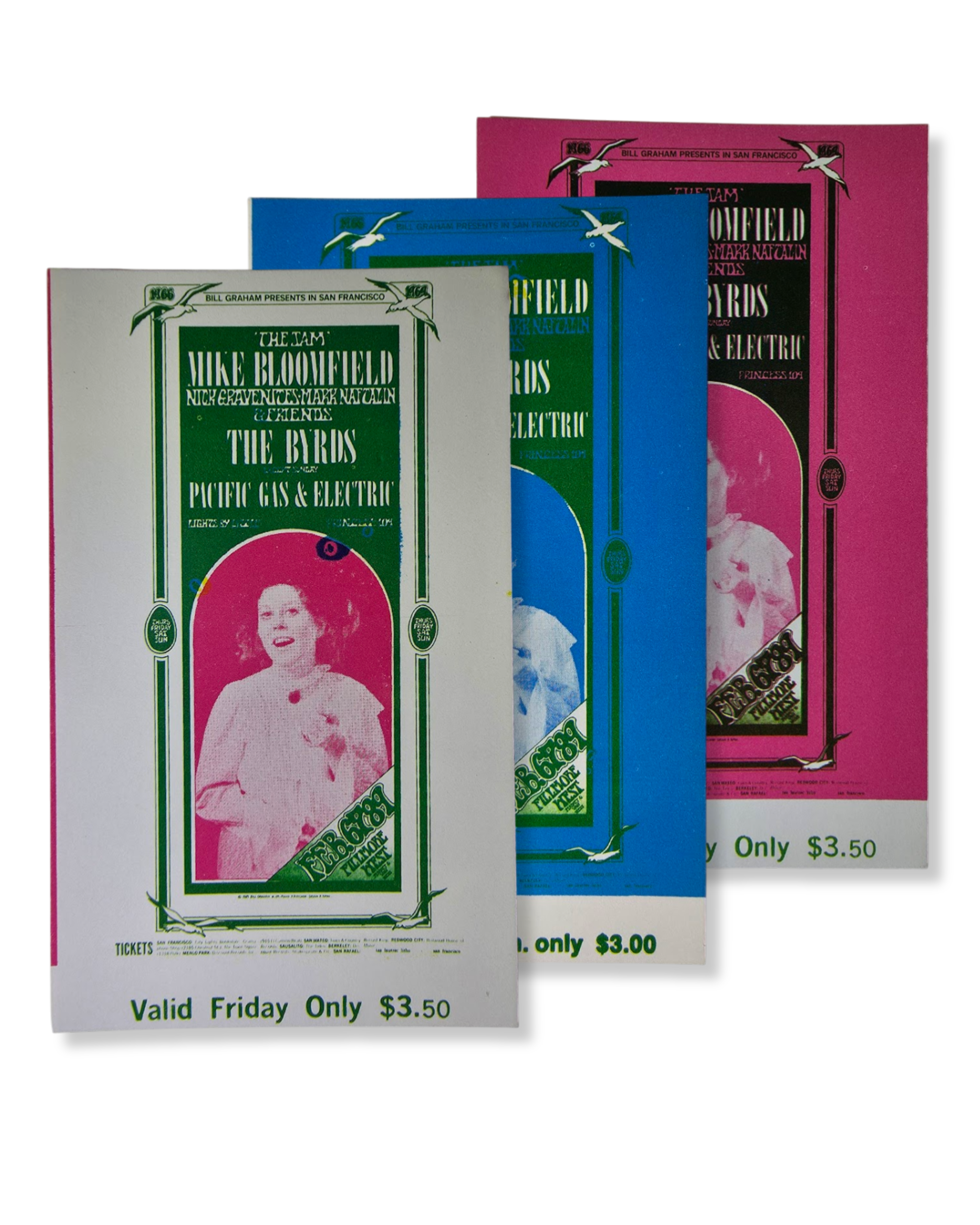 Vintage Ticket Bundle - 3 Night Run - Mike Bloomfield, Nick Gravenites, The Byrds West by Randy Tuten, Peter Pynchon - February 6-9, 1969 - The Fillmore