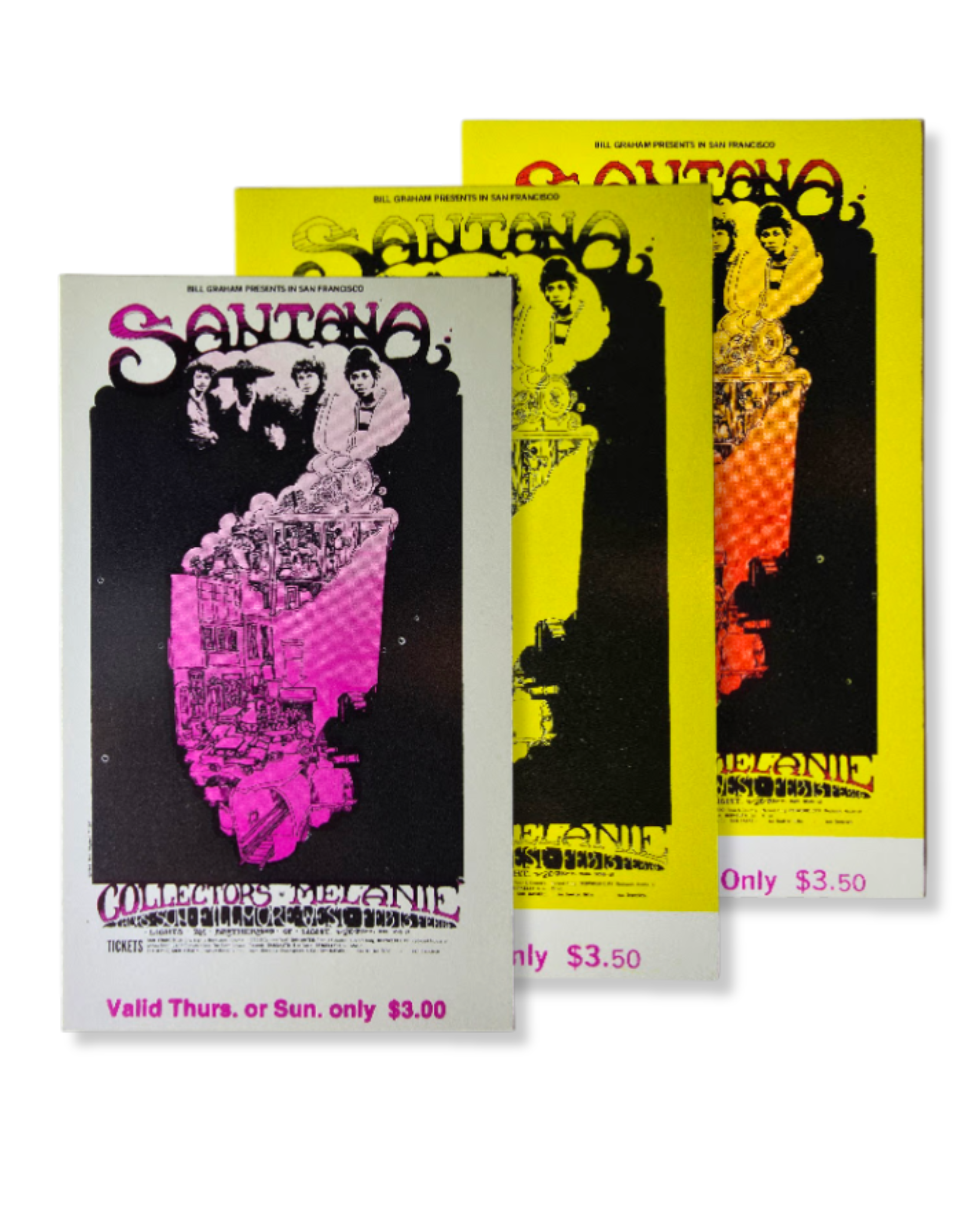 Vintage Ticket Bundle - 3 Night Run - Santana, Collectors, Melanie West by Greg Irons - February 13-16, 1969 - The Fillmore