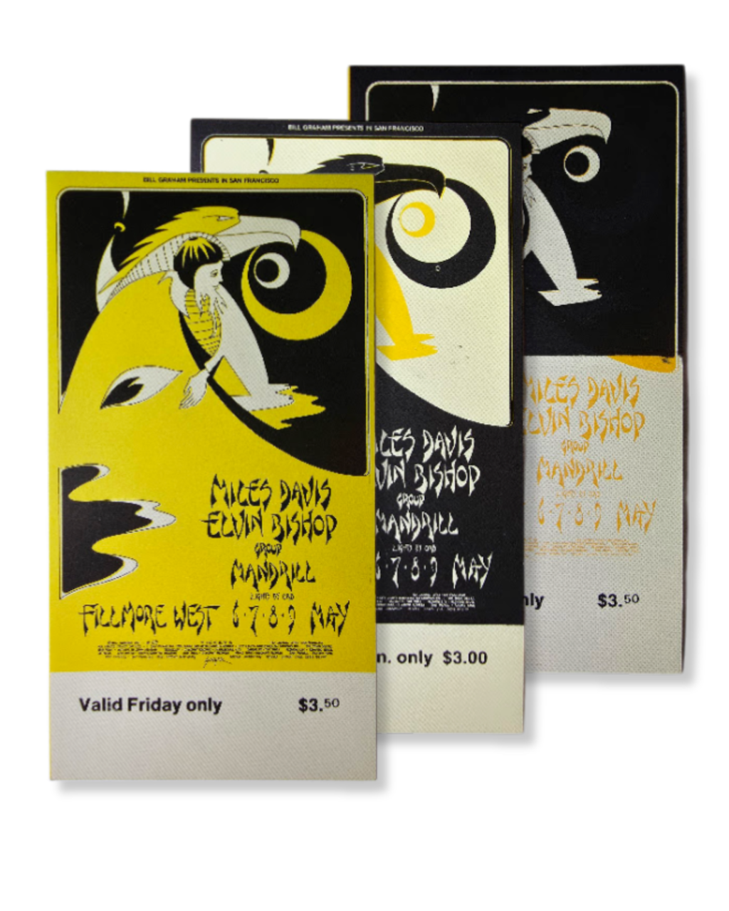 Vintage Ticket Bundle - 3 Night Run - Miles Davis, Elvin Bishop, Mandrill by David Singer - May 6-9, 1971 - The Fillmore