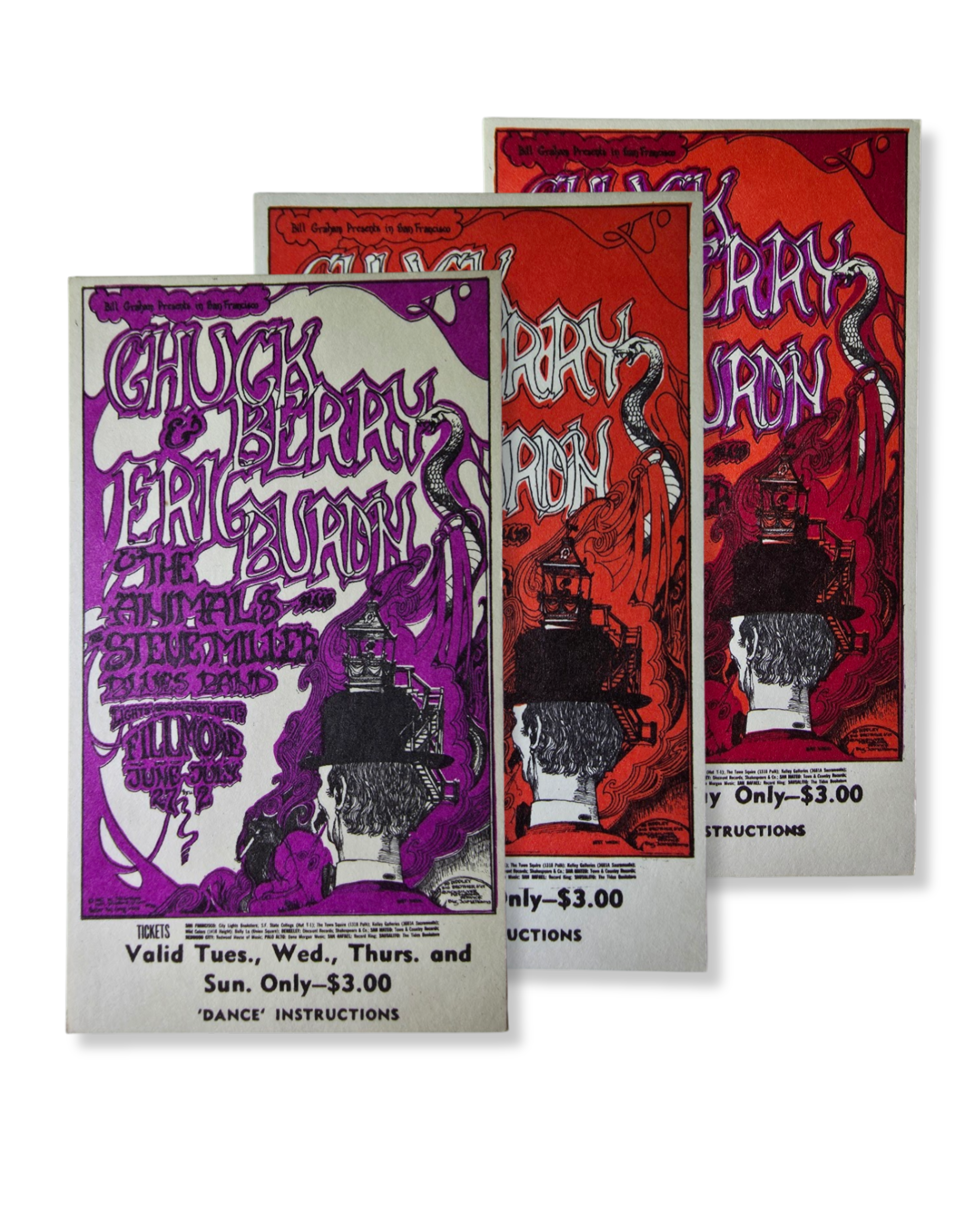 Vintage Ticket Bundle - 3 Night Run - Chuck Berry, Eric Burdon & The Animals, Steve Miller Blues Band by Greg Irons - June 27-July 2, 1967 - The Fillmore