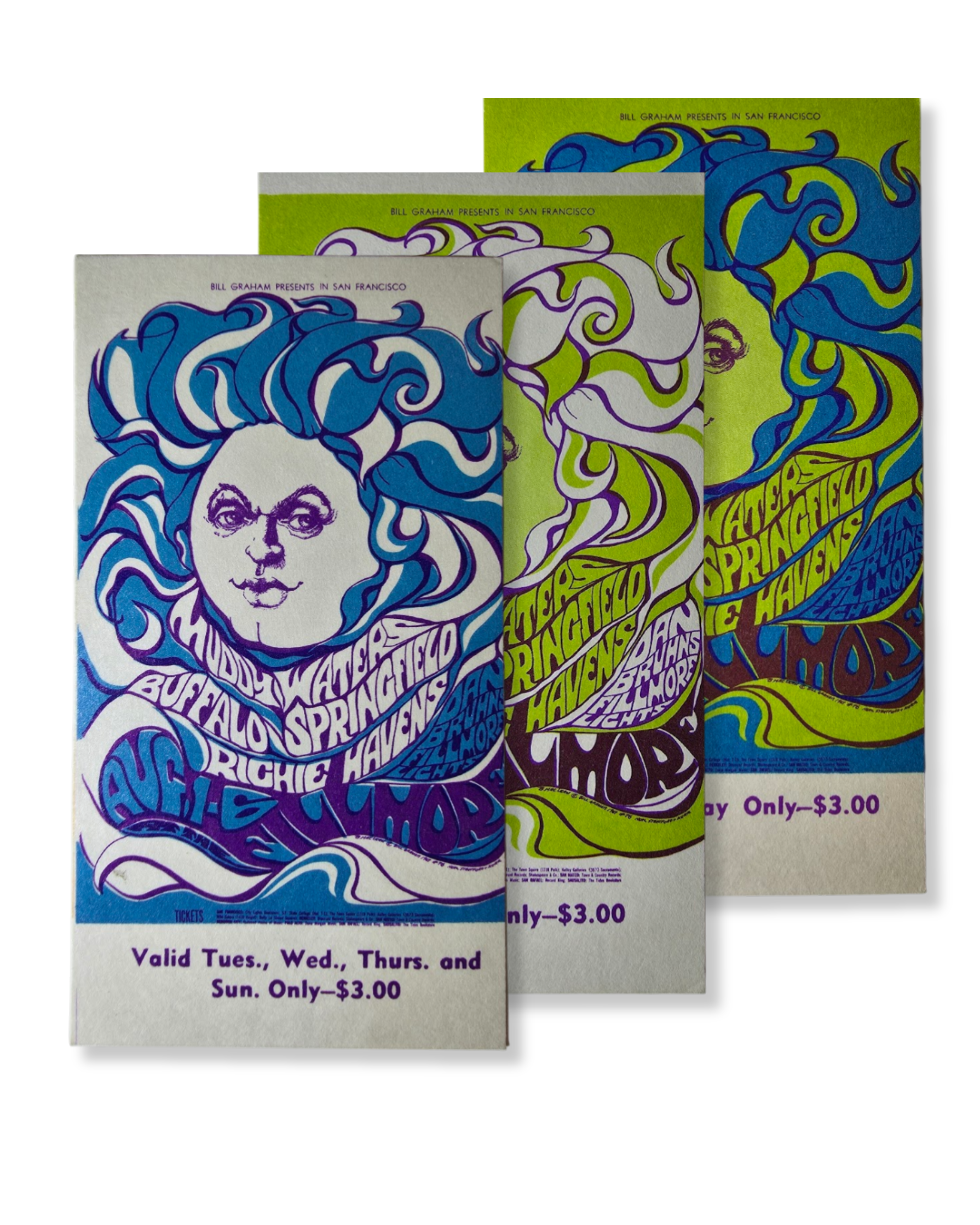 Vintage Ticket Bundle - 3 Night Run - Muddy Waters, Buffalo Springfield, Richie Havens by Bonnie MacLean - August 1-6, 1967 - The Fillmore
