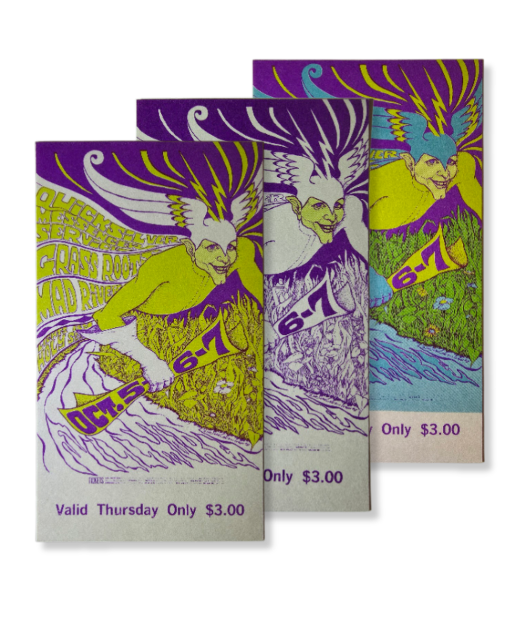 Vintage Ticket Bundle - 3 Night Run - Quicksilver Messenger Service, Grass Roots, Mad River by Bonnie MacLean - October 5-7, 1967 - The Fillmore