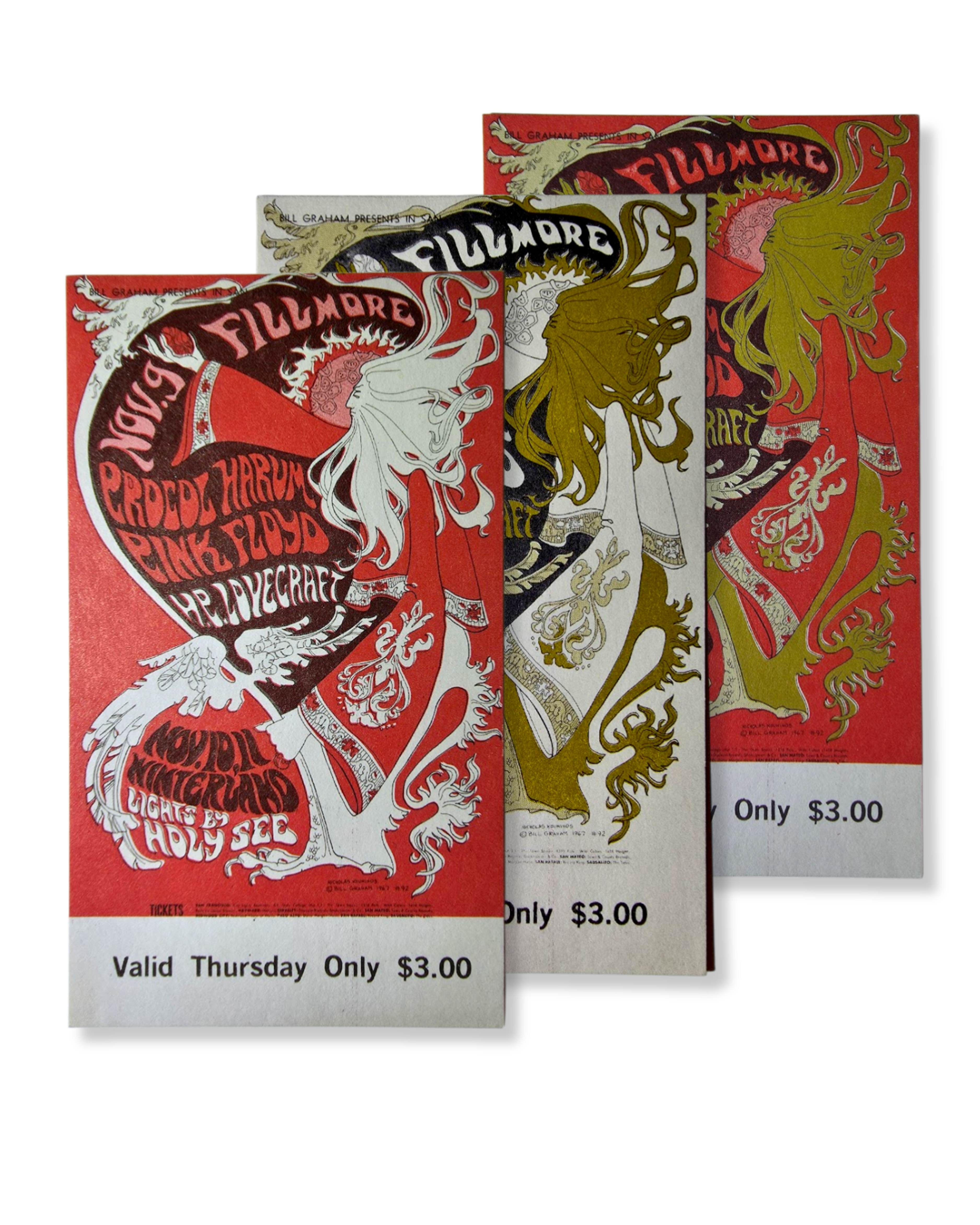 Vintage Ticket Bundle - 3 Night Run - Pink Floyd, Procol Harum, H.P. Lovecraft by Nicholas Kouninos - November 9-11, 1967 - Winterland