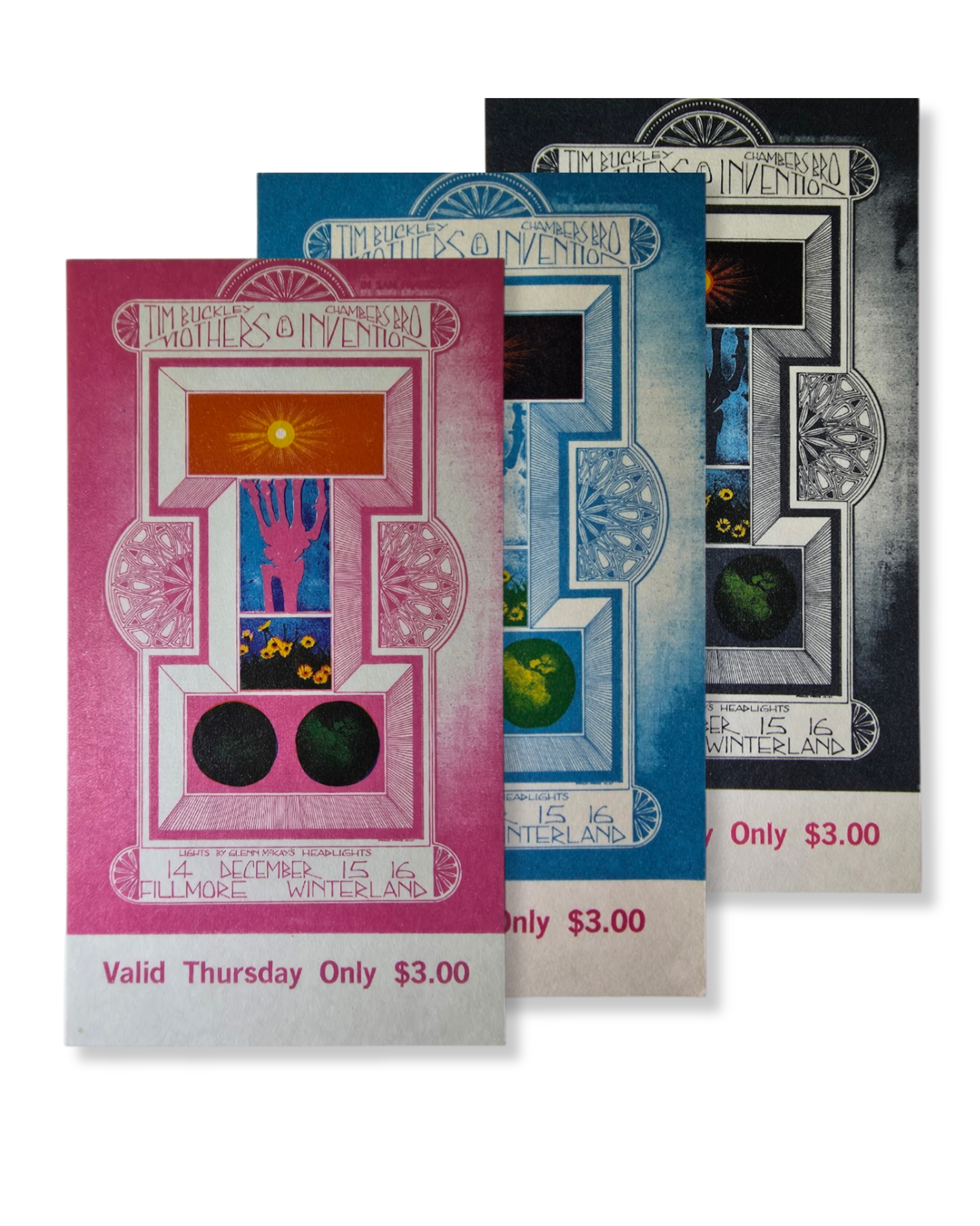 Vintage Ticket Bundle - 3 Night Run - Mothers Of Invention, Tim Buckley, The Chambers Brothers by Stanley Mouse - December 14-16, 1967 - The Fillmore