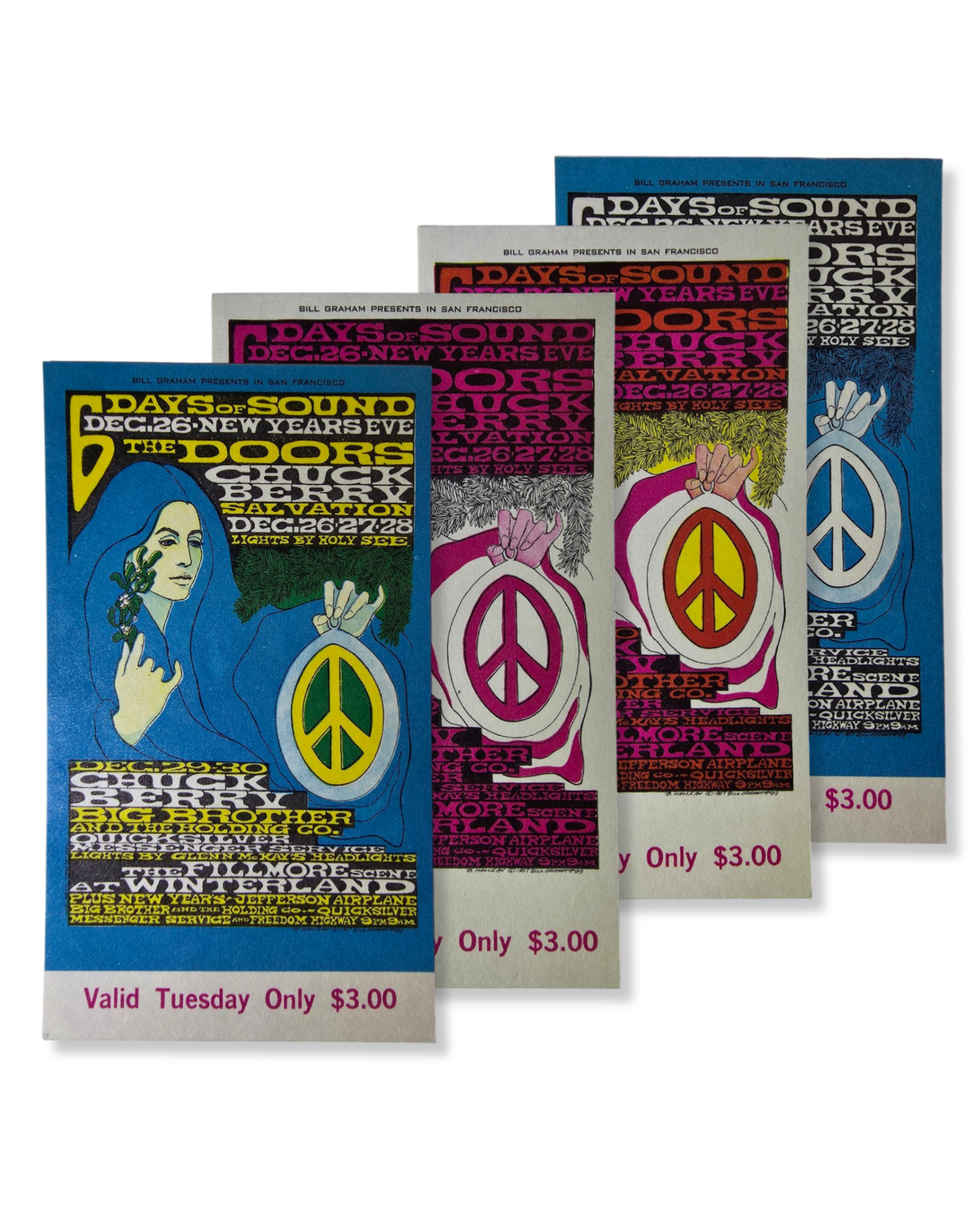 Vintage Ticket Bundle - 4 Night Run - The Doors, Chuck Berry, Big Brother & The Holding Co, Quicksilver Messenger Service by Bonnie MacLean - December 26-29, 1967 - Winterland