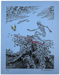 EMEK "Surfing Skeleton" Blue Hand Embellished Letterpress Print