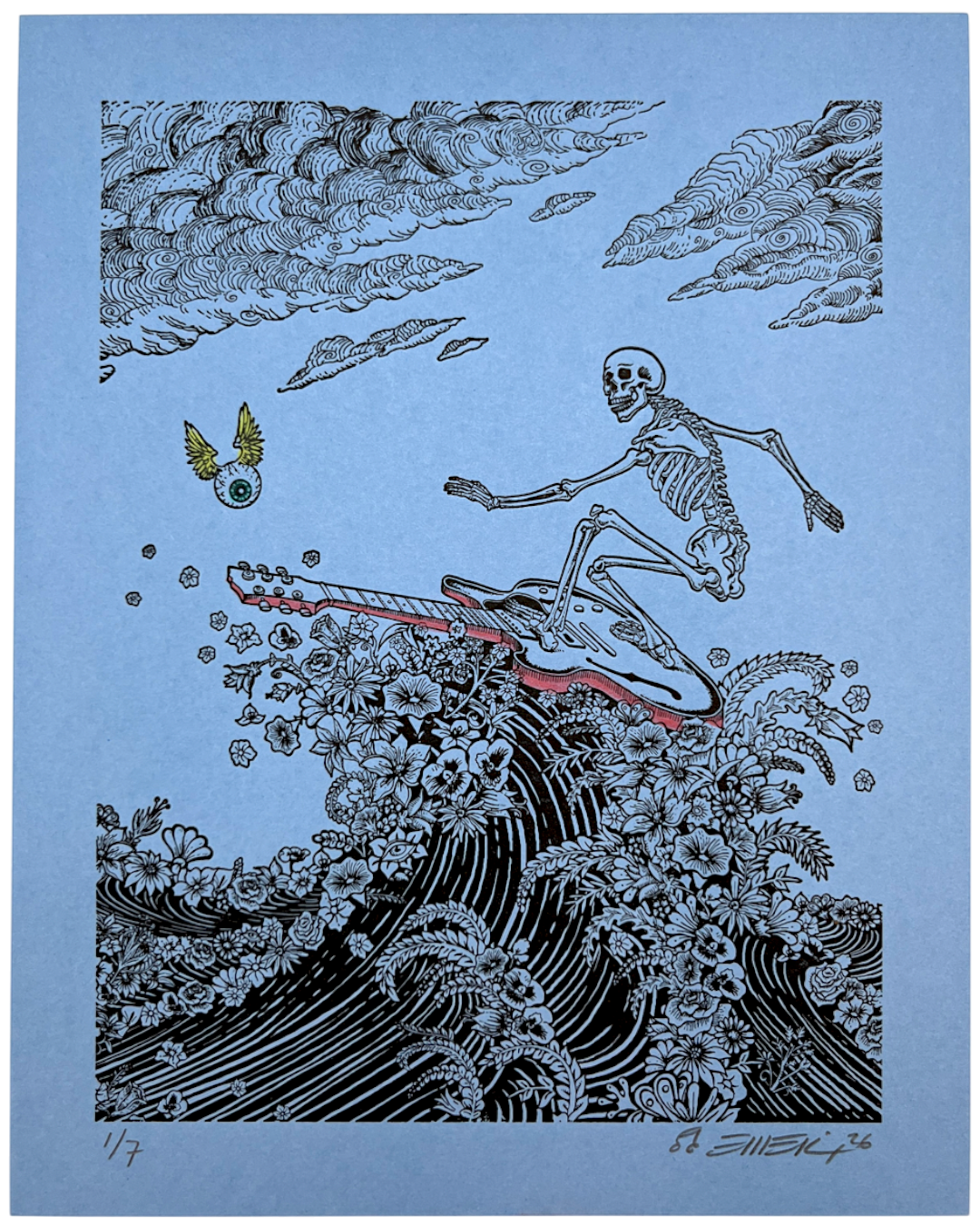 EMEK "Surfing Skeleton" Blue Hand Embellished Letterpress Print