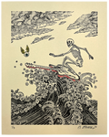 EMEK "Surfing Skeleton" Cream Hand Embellished Lettepress Print