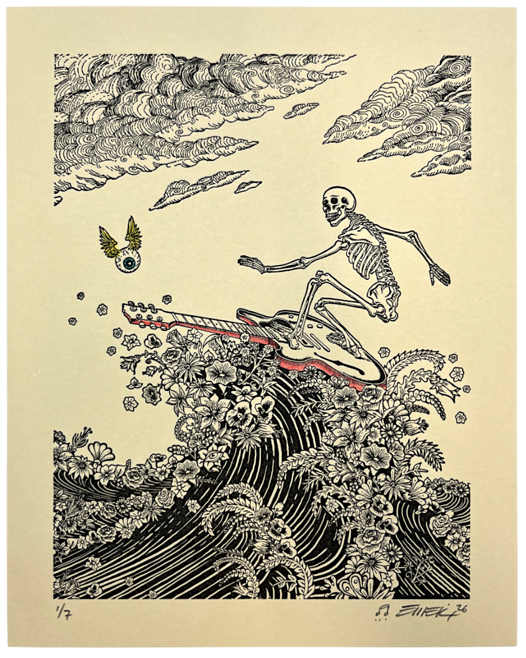 EMEK "Surfing Skeleton" Cream Hand Embellished Lettepress Print