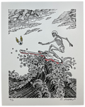 EMEK "Surfing Skeleton" Grey Hand Embellished Letter Press Print