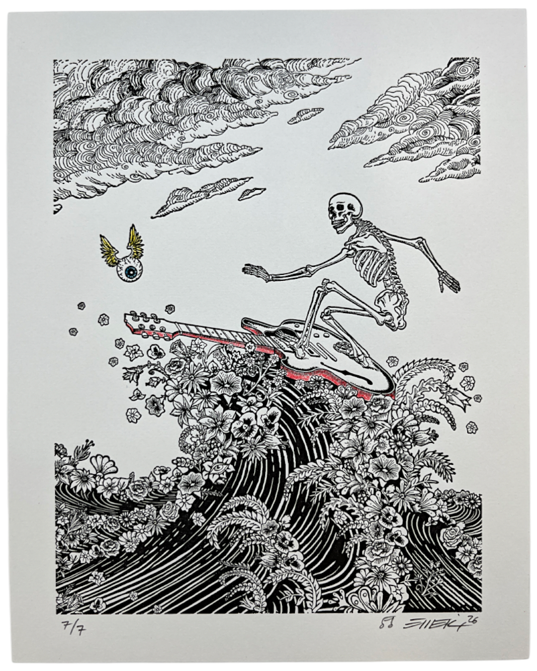 EMEK "Surfing Skeleton" Grey Hand Embellished Letter Press Print