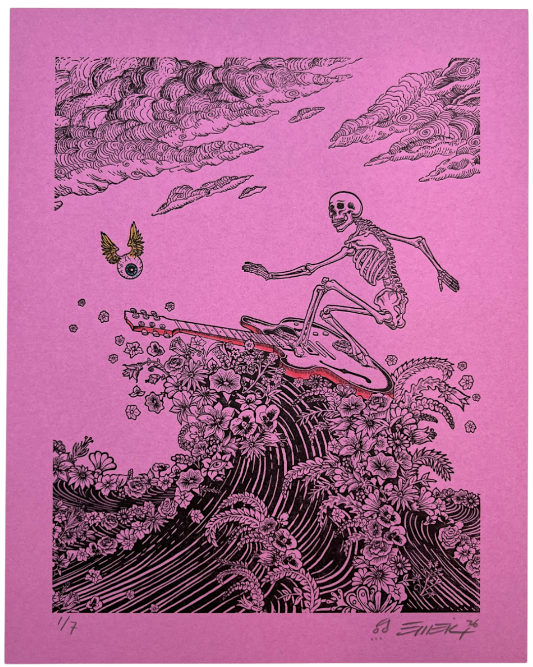 EMEK "Surfing Skeleton" Purple Hand Embellished Letterpress Print