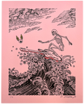 EMEK "Surfing Skeleton" Pink Hand Embellished Letterpress Print