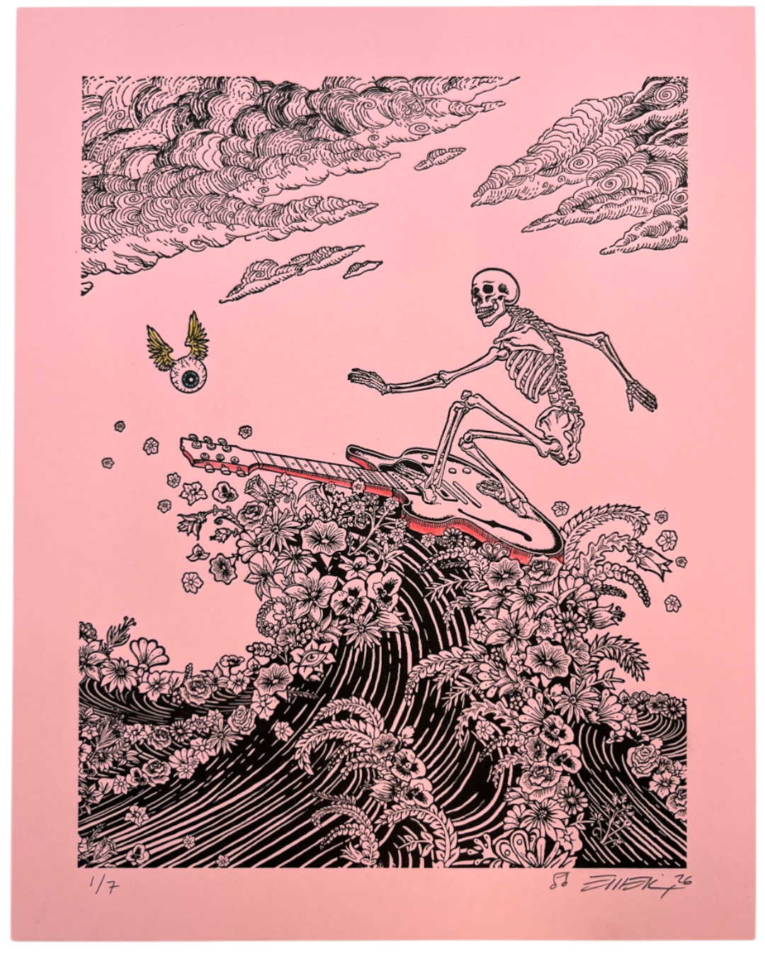 EMEK "Surfing Skeleton" Pink Hand Embellished Letterpress Print