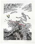 EMEK "Surfing Skeleton" White Hand Embellished Letterpress Print scratch and dent