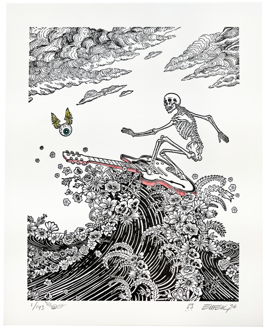EMEK "Surfing Skeleton" White Hand Embellished Letterpress Print scratch and dent