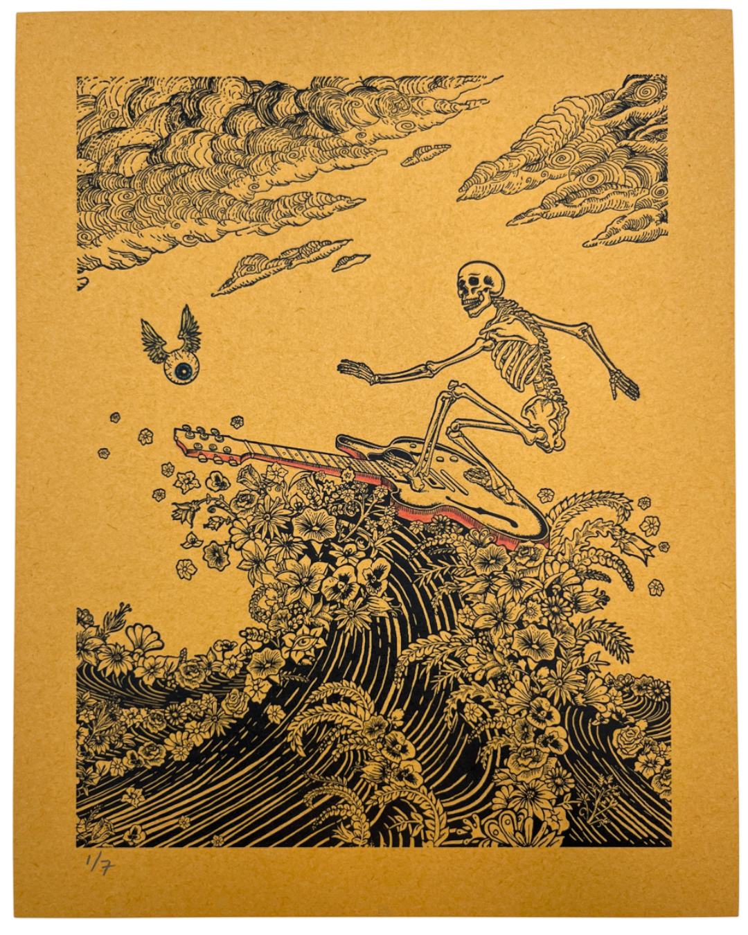 EMEK "Surfing Skeleton" Gold Hand Embellished Lettepress Print