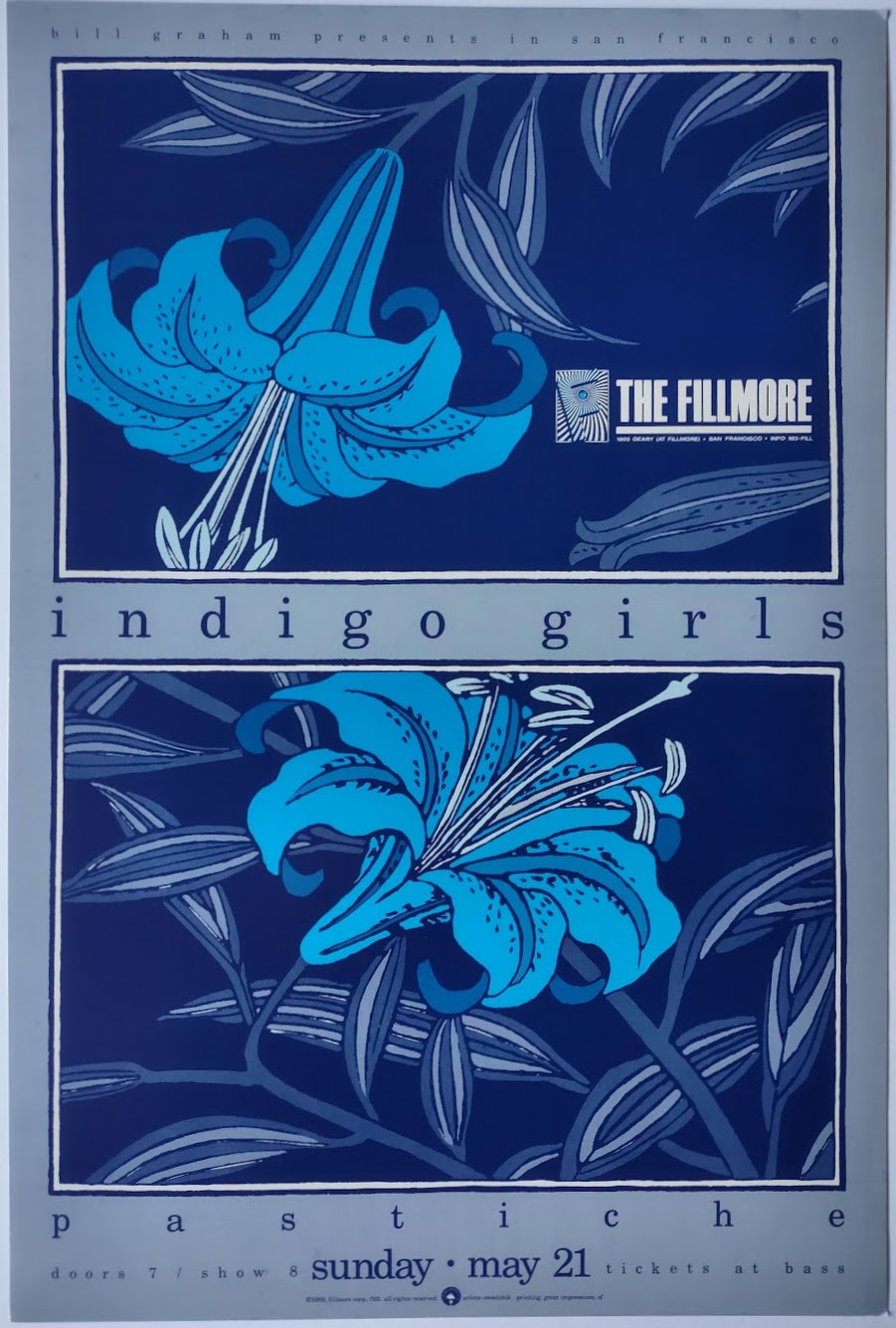 F101 Indigo Girls, The Fillmore by Arlene Owseichik - May 21, 1989 - San Francisco, Fillmore Gig Print