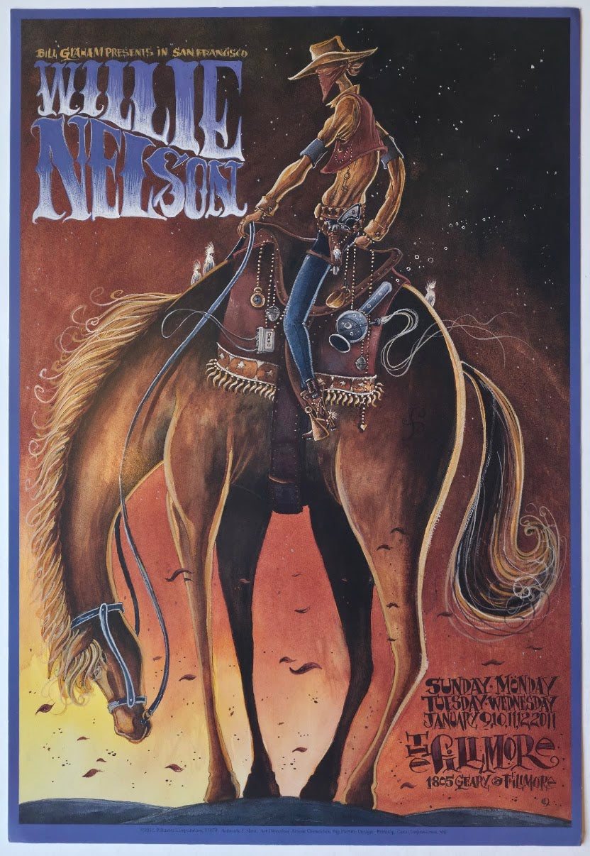 F1079 Willie Nelson, The Fillmore by J. Shea - January 9-12, 2011 - San Francisco, Fillmore Gig Print