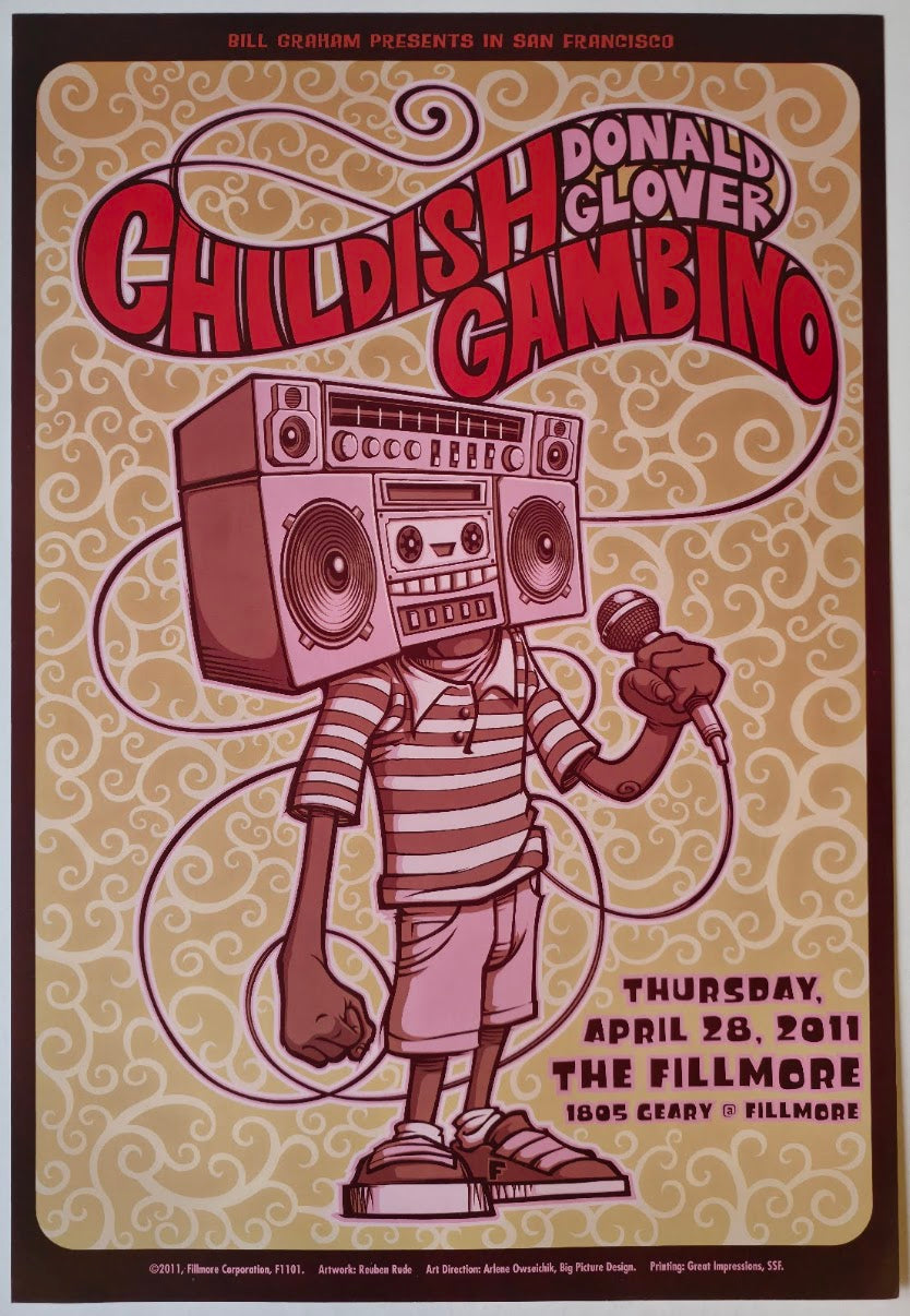 F1101 Childish Gambino, Donald Glover, The Fillmore by Reuben Rude - April 28, 2011 - San Francisco, Fillmore Gig Print