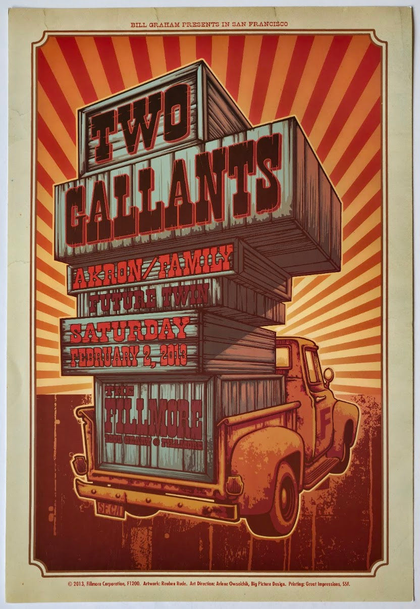 F1200 Two Gallants, Akron/Family, Future Twin, The Fillmore by Reuben Rude - February 2, 2013 - San Francisco, Fillmore Gig Print
