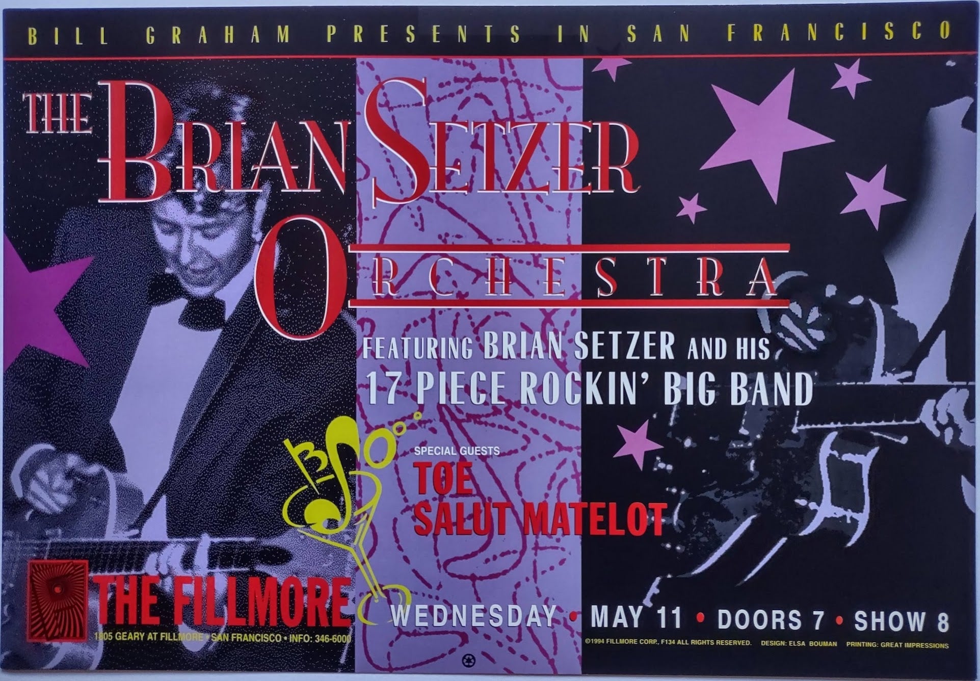 F134 Brian Setzer Orchestra, The Fillmore by Elsa Bouman - May 11, 1994 - San Francisco, Fillmore Gig Print