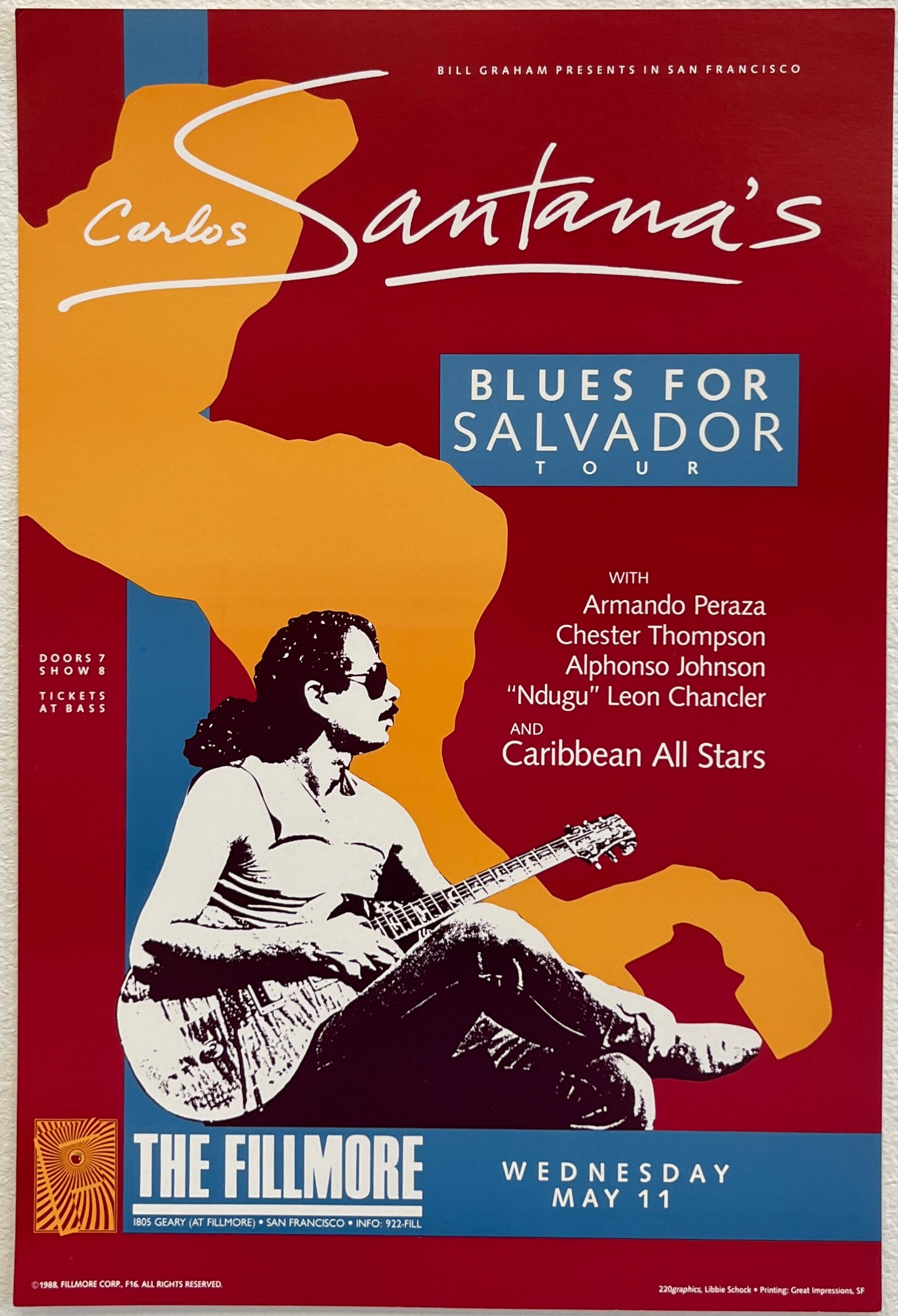 F16 Carlos Santana, The Fillmore by Libbie Shock - May 11 1988 - San Francisco, Fillmore Gig Print