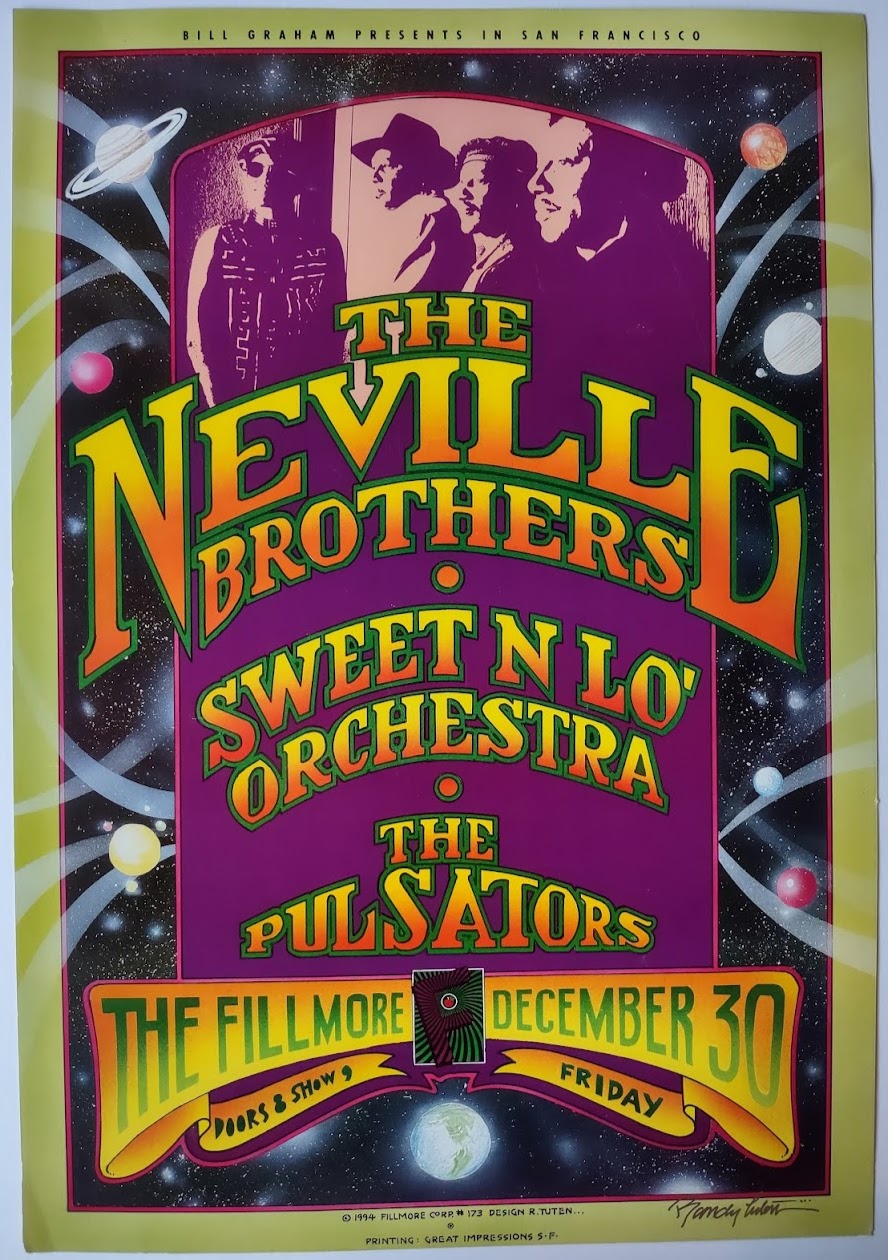F173 The Neville Brothers, The Fillmore, Signed by Randy Tuten by Randy Tuten - December 30, 1994 - San Francisco, Fillmore Gig Print