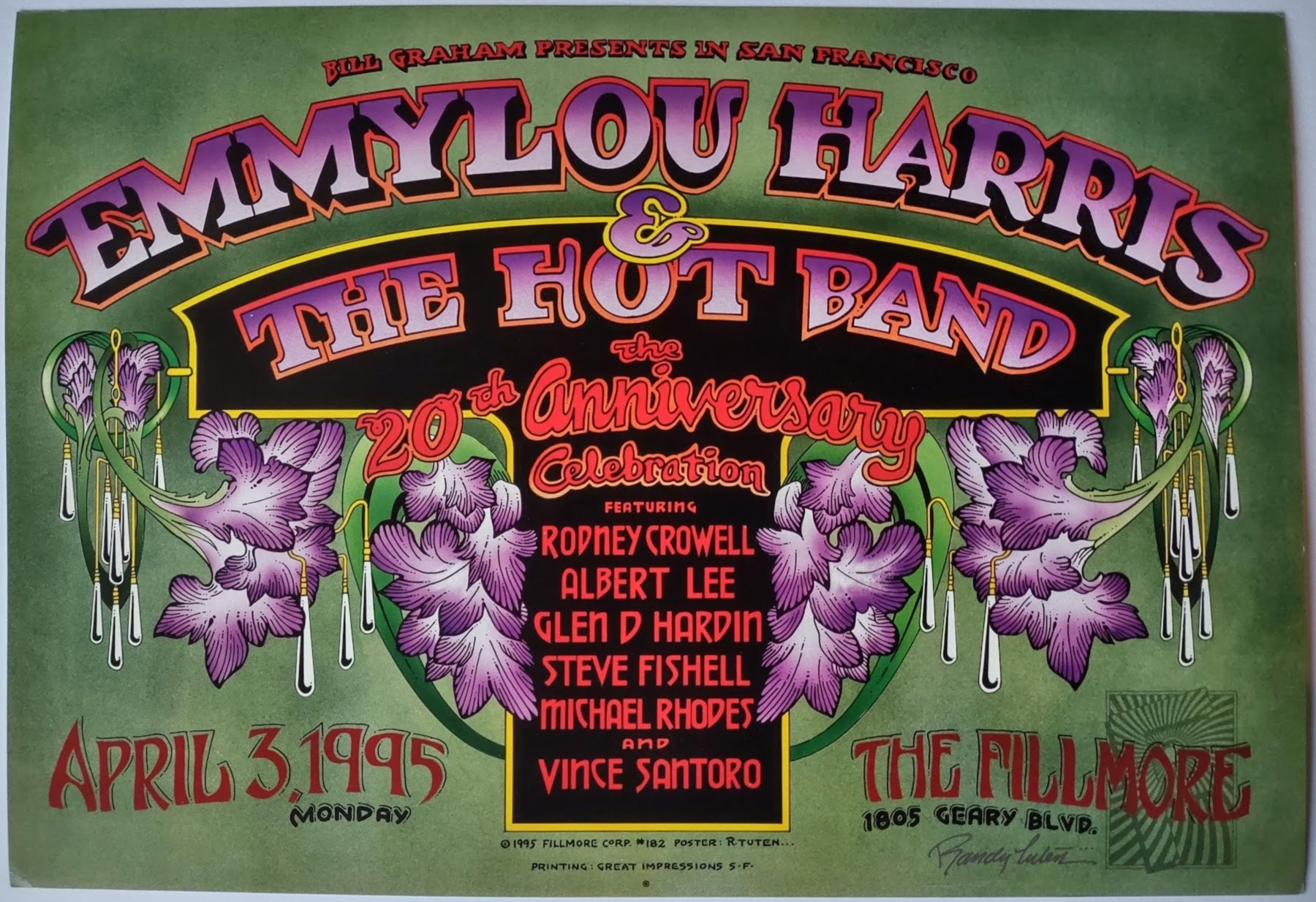 F182 Emmylou Harris, The Fillmore, Signed by Randy Tuten by Randy Tuten - April 3, 1995 - San Francisco, Fillmore Gig Print