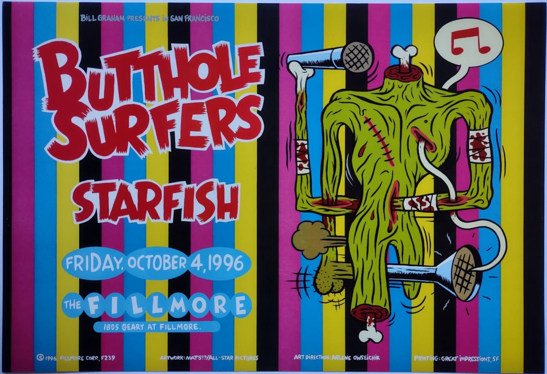 F239 Butthole Surfers, The Fillmore by Mats!? - October 4, 1996 - San Francisco, Fillmore Gig Print