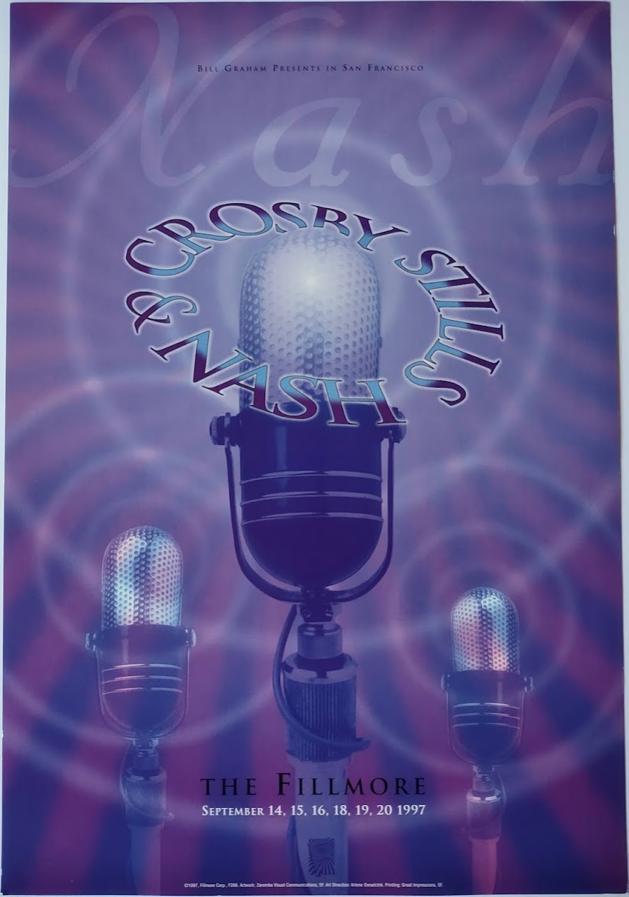 F286 Crosby Stills & Nash,purple by Zaremba Visual Communications - September 14-16, 18-20, 1997 - San Francisco, Fillmore Gig Print