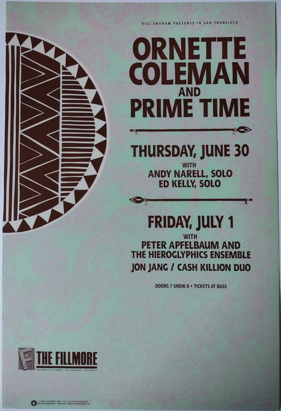 F30 Ornette Coleman & Prime Time, The Fillmore by Arlene Owseichik - July 1, 1988 - San Francisco, Fillmore Gig Print