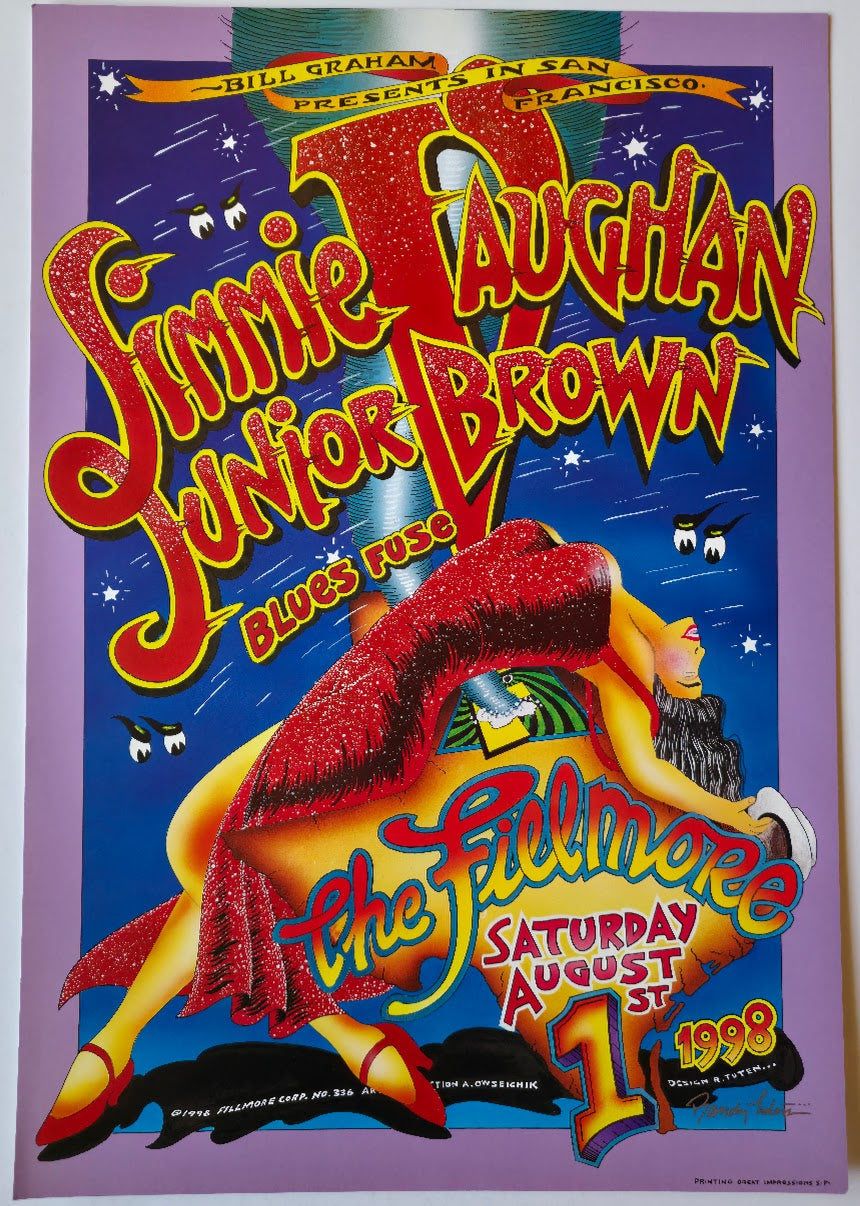 F336 Jimmie Vaughan, Junior Brown, (Signed by Tuten) The Fillmore by Randy Tuten - August 1, 1998 - San Francisco, Fillmore Gig Print