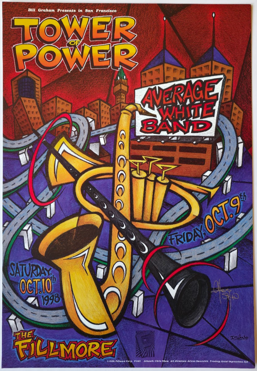 F343 Tower Of Power, Average White Band, (Signed by Shaw) The Fillmore by Chris Shaw - October 10, 1998 - San Francisco, Fillmore Gig Print