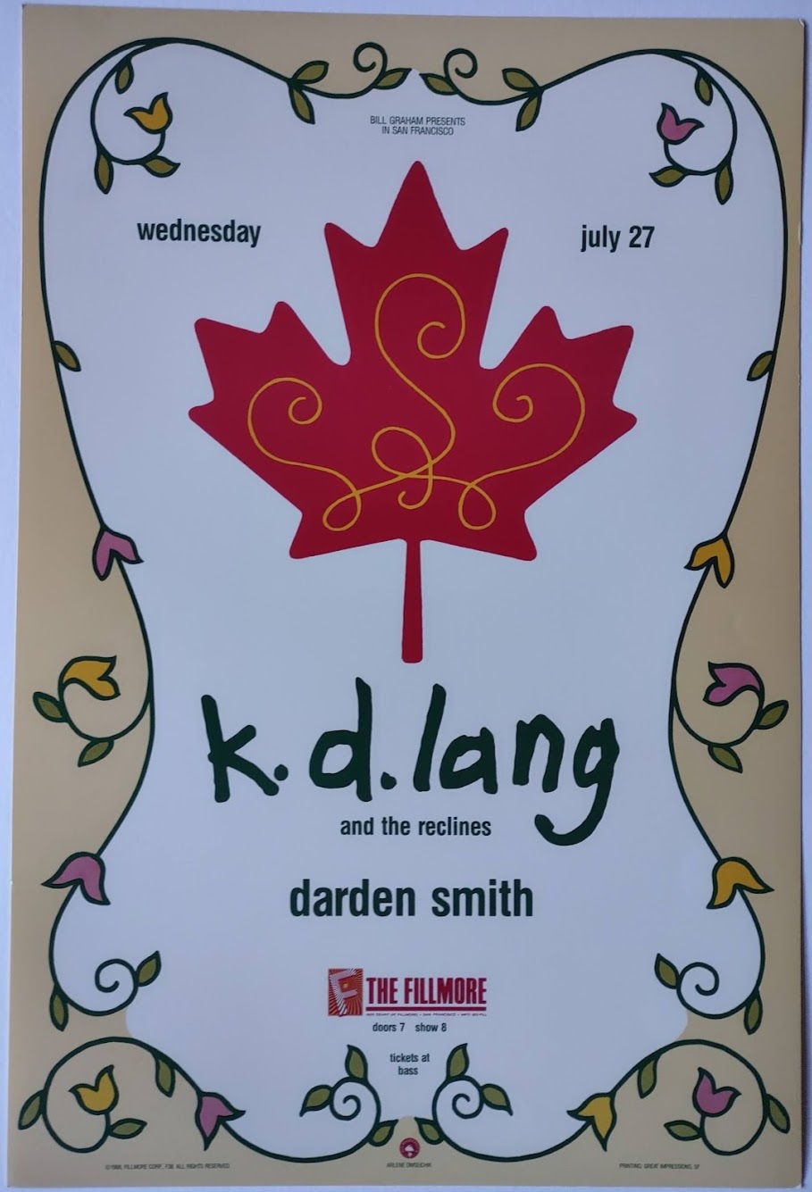 F38 K.D. Lang, The Fillmore by Arlene Owseichik - July 27, 1988 - San Francisco, Fillmore Gig Print