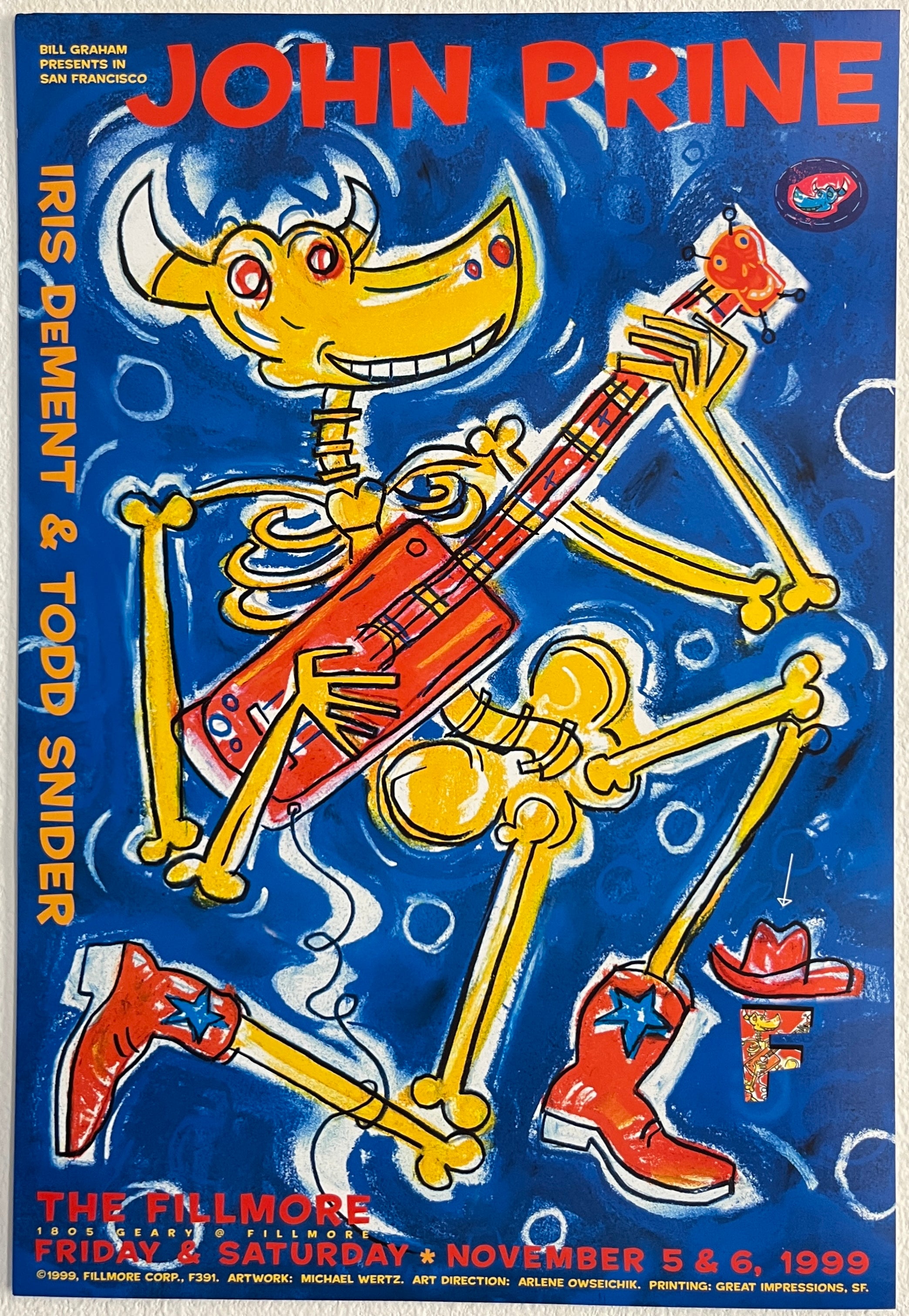 F391 John Prine, Iris Dement & Todd Snider, The Fillmore by Michael Wertz - November 5-6, 1999 - San Francisco, Fillmore Gig Print