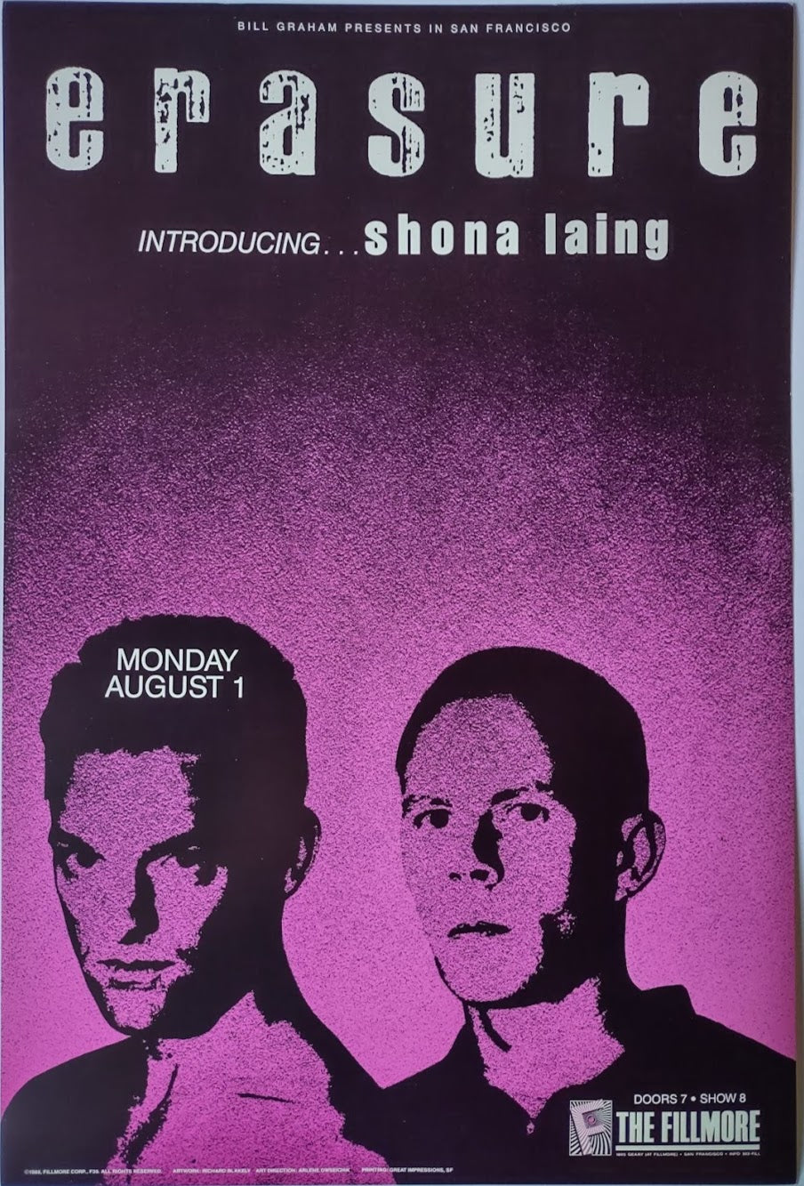 F39 Erasure, The Fillmore by Richard Blakely - Aug 1, 1988 - San Francisco, Fillmore Gig Print