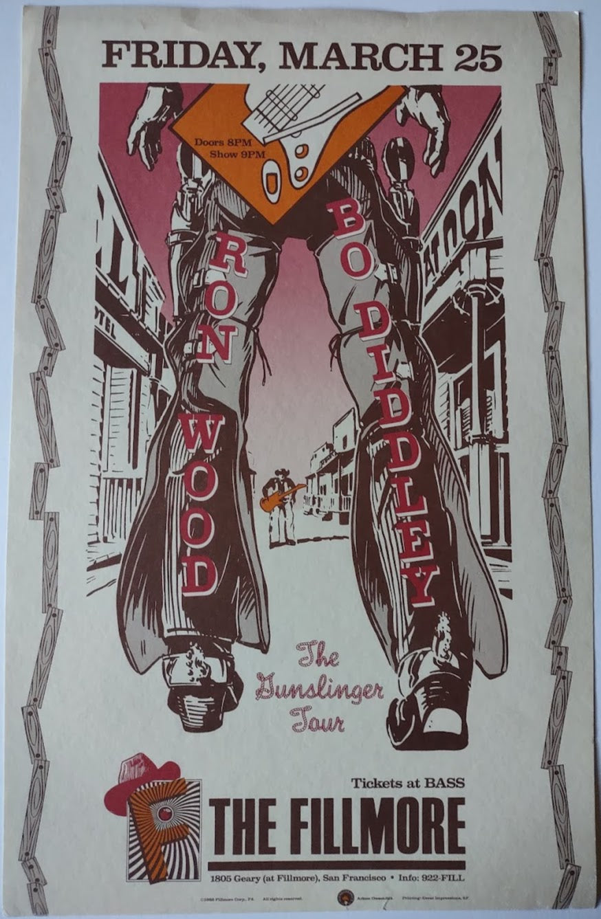 F4 Ron Wood - Bo Diddley, The Fillmore by Arlene Owseichik - March 25, 1988 - Fillmore Gig Print