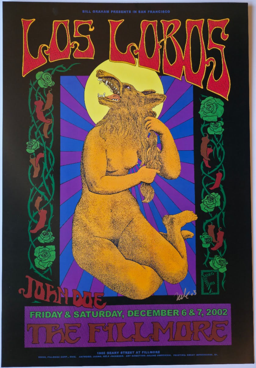 F548 Los Lobos, John Doe, (Signed by artist) by Jagmo, Nels Jacobson - December 6-7, 2002 - San Francisco, Fillmore Gig Print