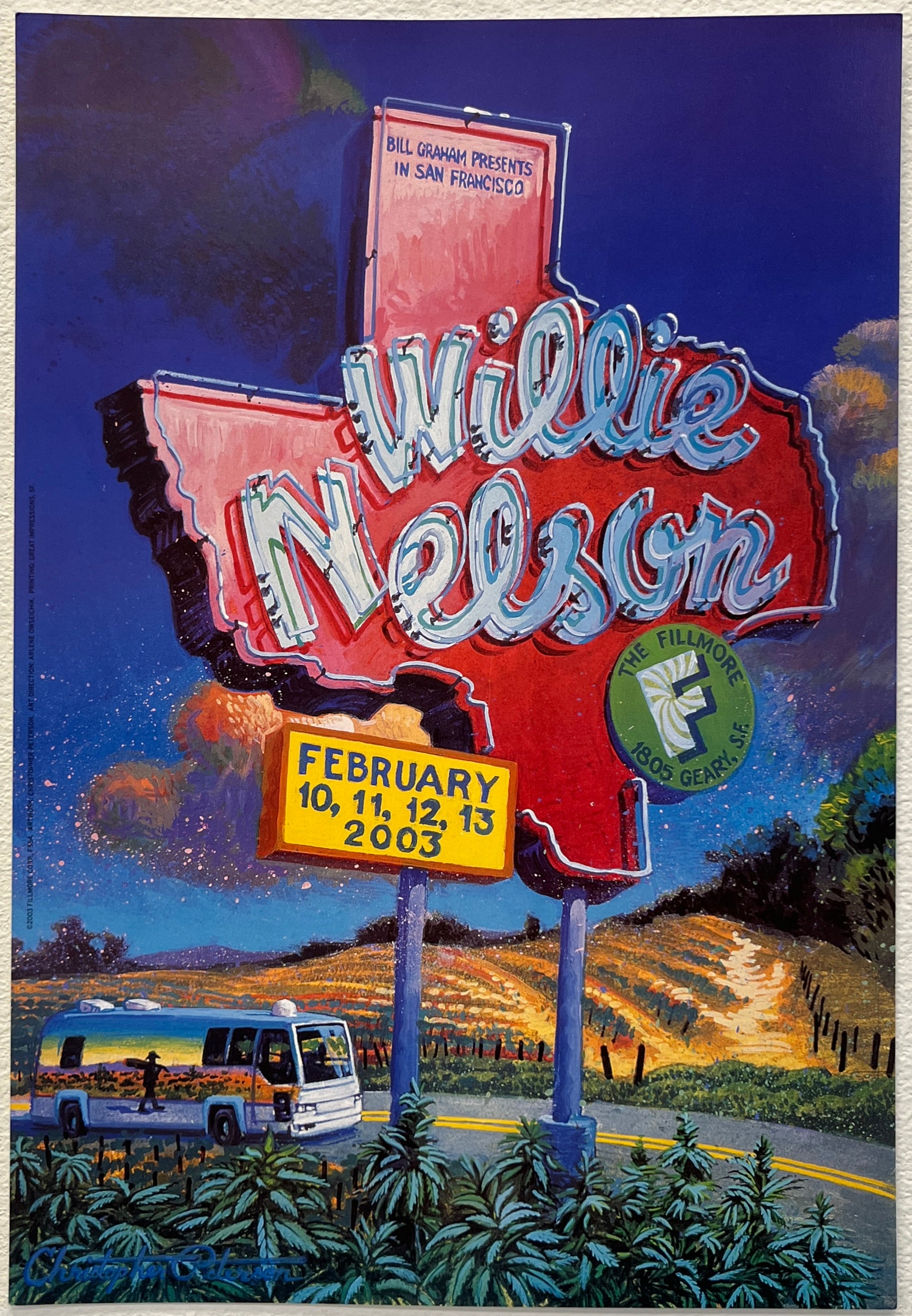 F554 Willie Nelson, The Fillmore by Christopher Peterson - February 10-13, 2003 - San Francisco, Fillmore Gig Print