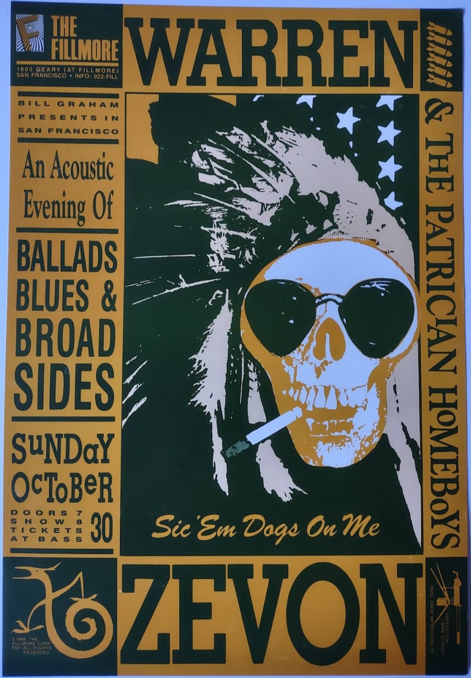 F60 Warren Zevon, The Fillmore by Libbie Shock - October 30, 1988 - San Francisco, Fillmore Gig Print
