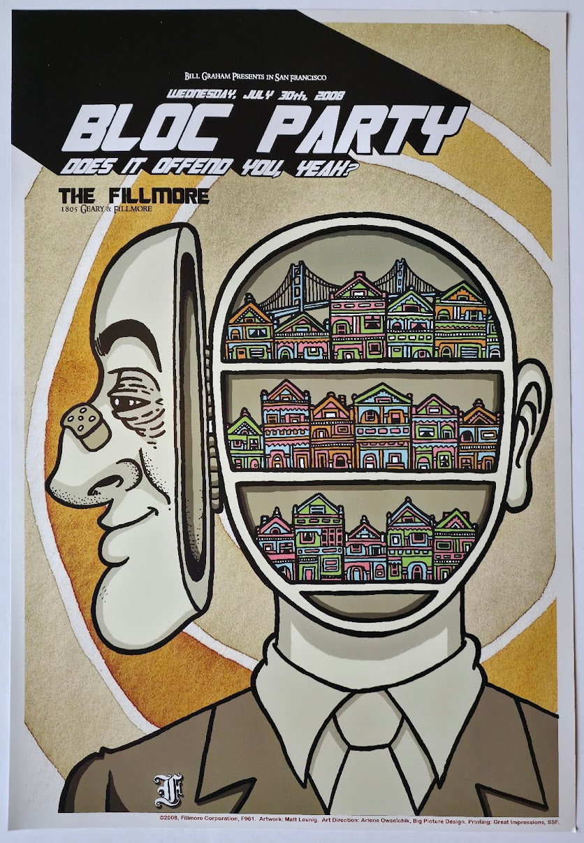 F961 Bloc Party, The Fillmore by Matt Leunig - July 30, 2008 - San Francisco, Fillmore Gig Print