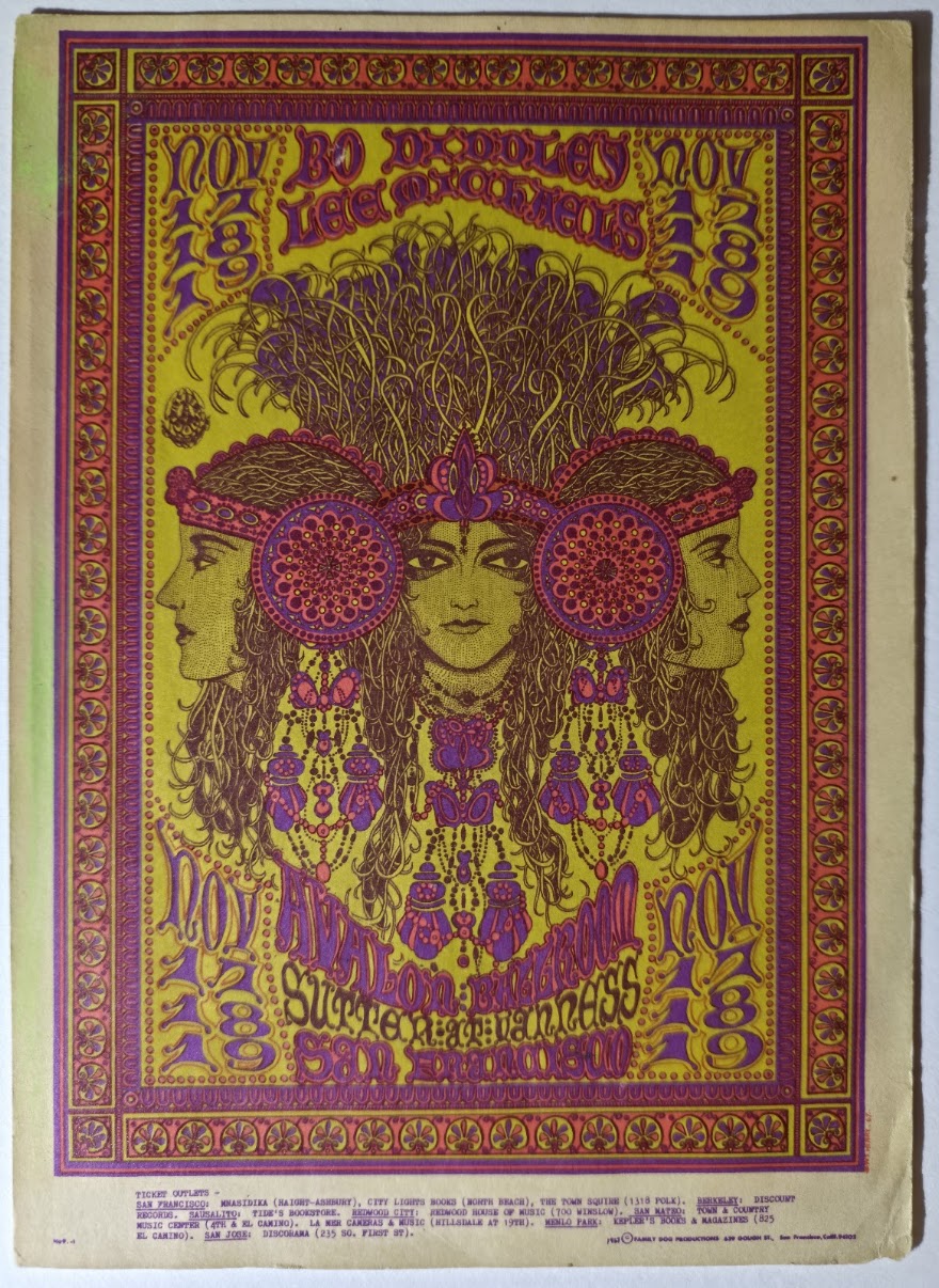 Bo Diddley, Lee Michaels, The Avalon Ballroom by William Henry - November 17-19, 1967 - Family Dog Vintage Postcard