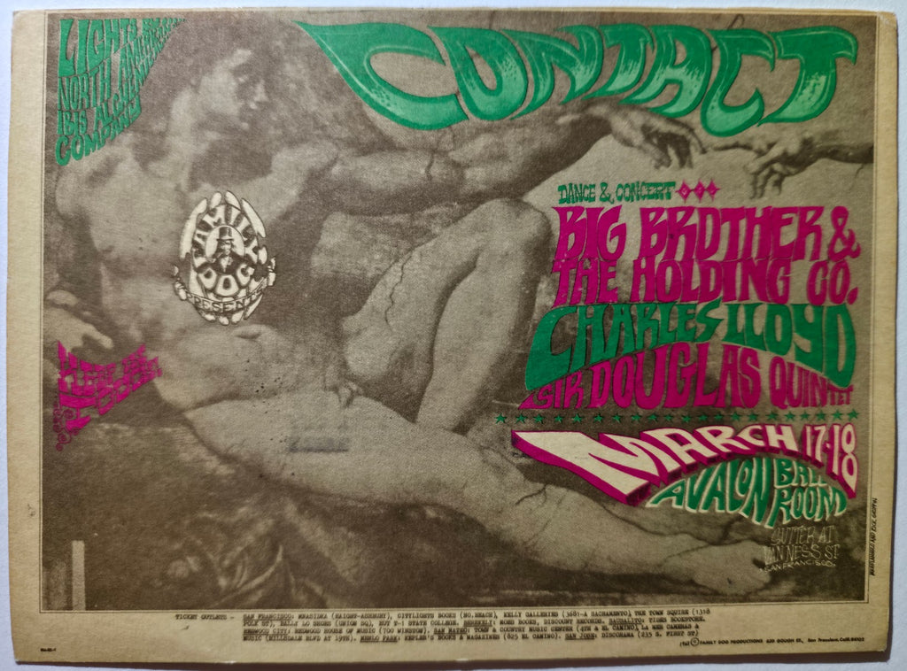 Big Brother & The Holding Co, Charles Lloyd, The Sir Douglas Quintet, The Avalon Ballroom by Rick Griffin - March 17-18, 1967 - Family Dog Vintage Postcard