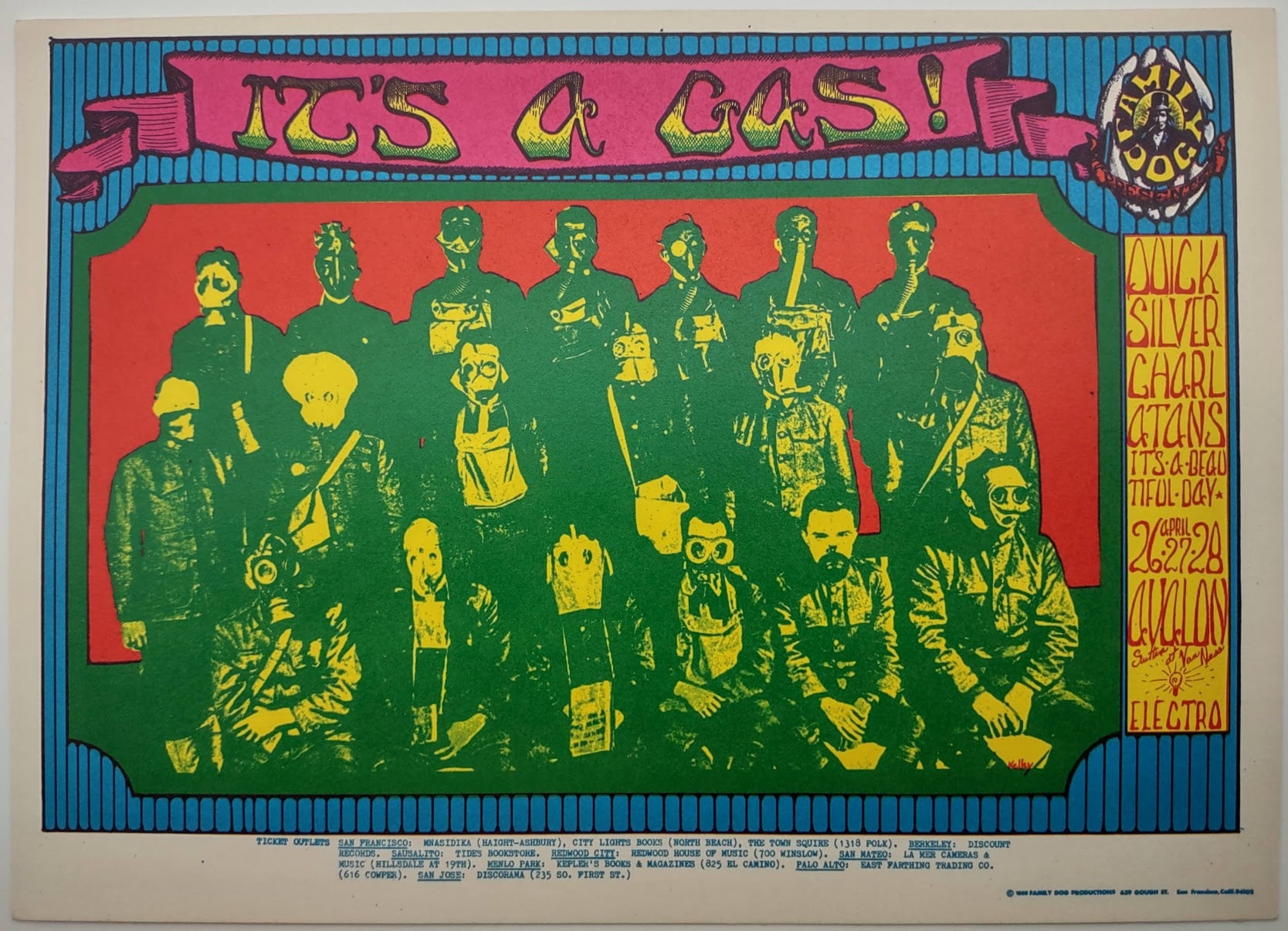 Quicksilver Messenger Service, The Charlatans, It's A Beautiful Day, The Avalon Ballroom by Alton Kelley - April 26-28, 1968 - Family Dog Vintage Postcard