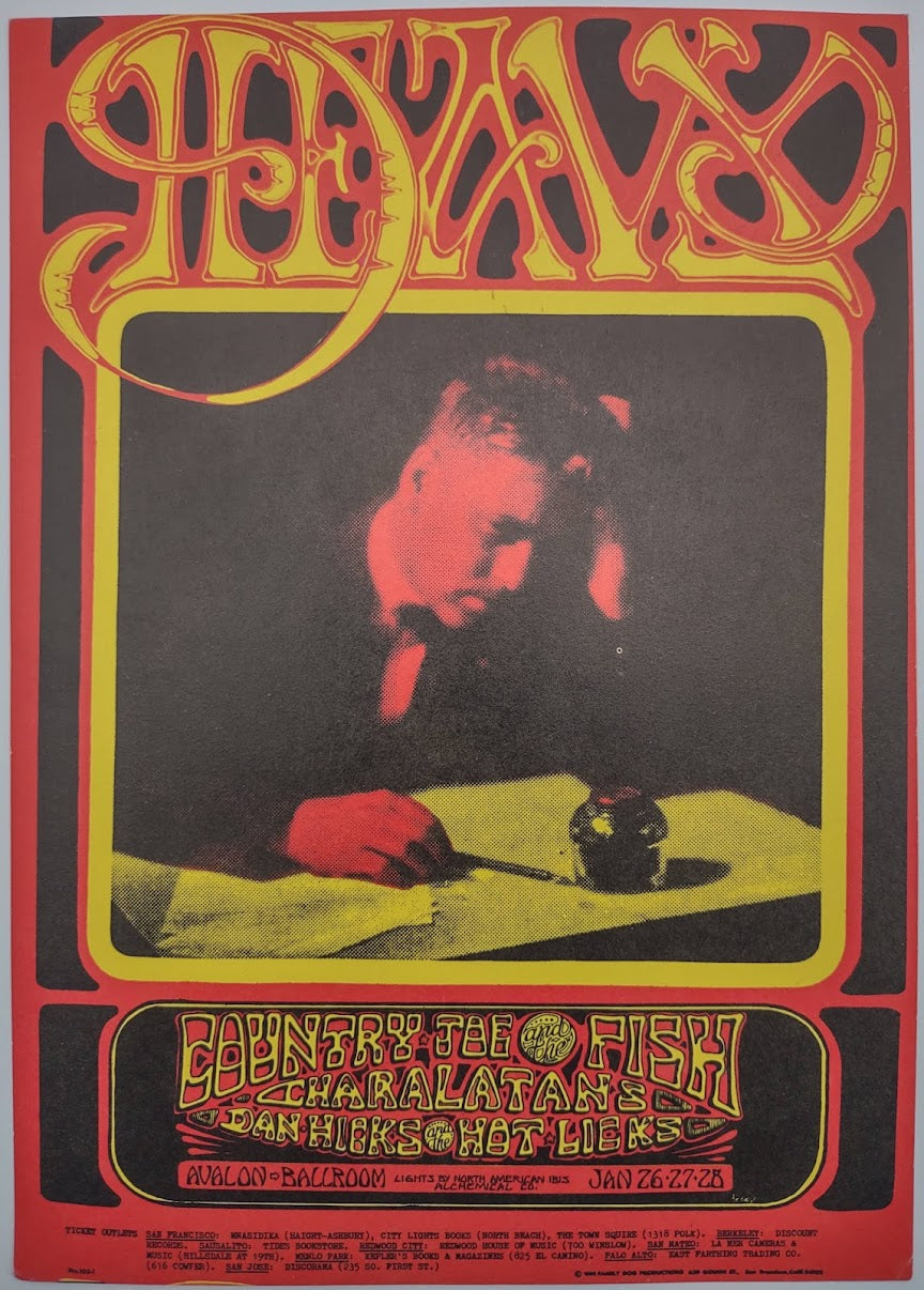 Country Joe & The Fish, The Charlatans, The Avalon Ballroom by Stanley Mouse, Alton Kelley - January 26-28, 1968 - Family Dog Vintage Postcard
