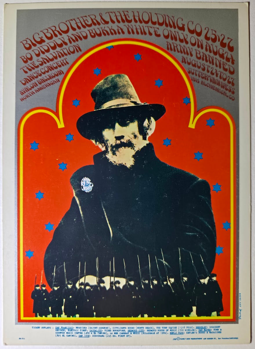 Big Brother & The Holding Co, Bo Diddley, Bukka White, Salvation Army Banned, The Avalon Ballroom by Robert Fried - August 24-27, 1967 - Family Dog Vintage Postcard