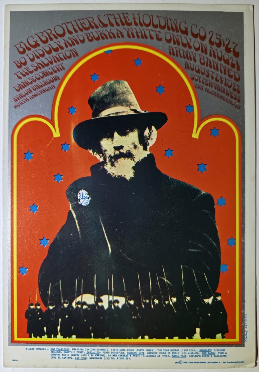 Big Brother & The Holding Co, Bo Diddley, Bukka White, Salvation Army Banned, The Avalon Ballroom by Robert Fried - August 24-27, 1967 - Family Dog Vintage Postcard